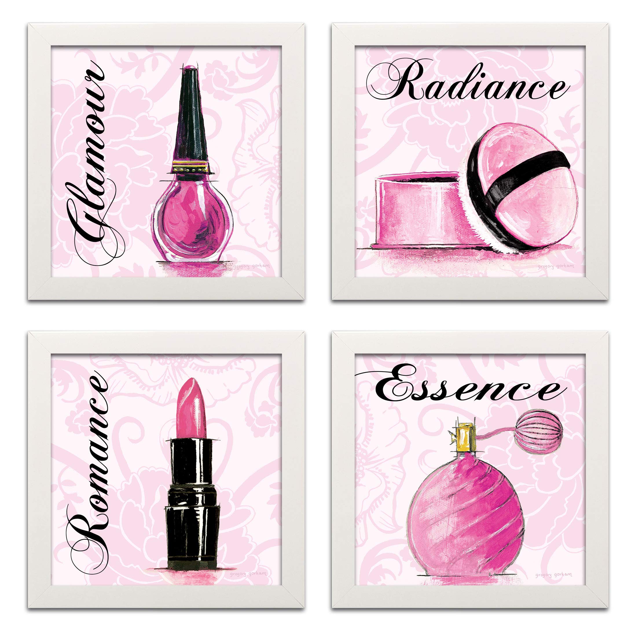 Gregory Gorham Pink Romance Makeup Art Print Set - 4 Pack 12x12 Inch White Framed Wall Decor | Pink, White & Black Aesthetic Posters for Bedroom, Living Room & Salon Decor