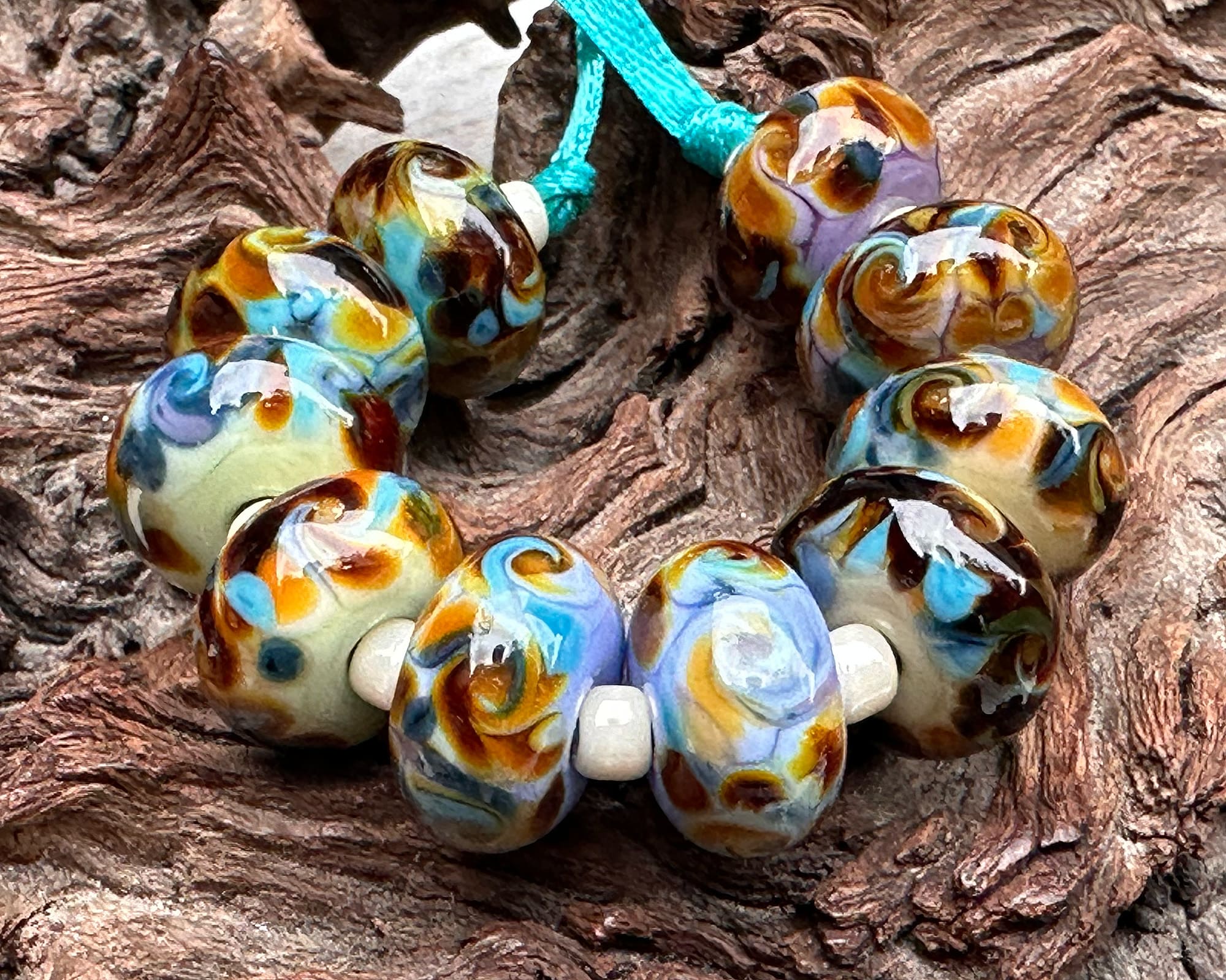 Handmade Turquoise and Brown Swirl Glass Lampwork Beads Set for Jewelry Making - DIY Necklace, Bracelet, Earrings Craft Supplies - Perfect for Boho, Hippie Style Accessories