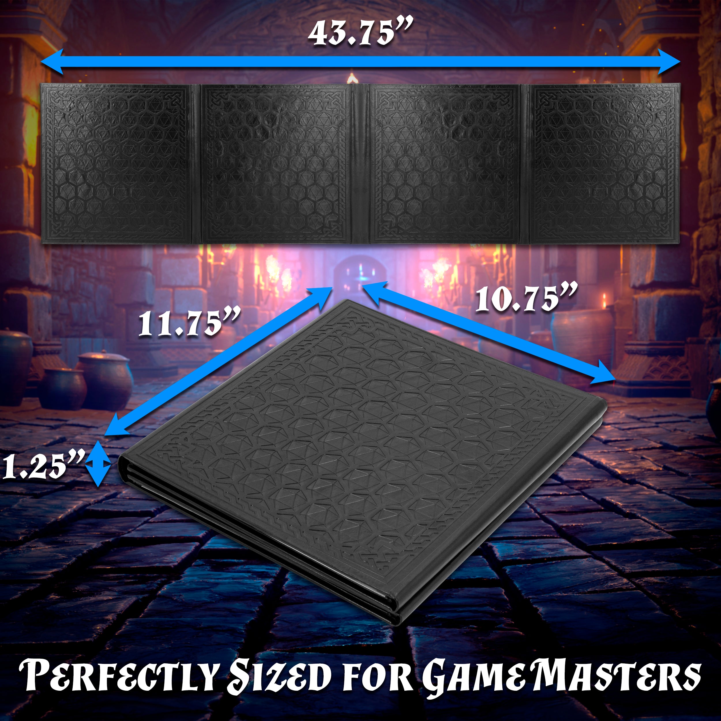Faux Leather 4-Panel DM Screen with Wet Erase Pockets - Embossed Folding Game Master Screen for Dungeons & Dragons RPG - Black/Brown (Inserts Not Included) - Perfect for Tabletop Gaming Sessions & RPG Campaigns