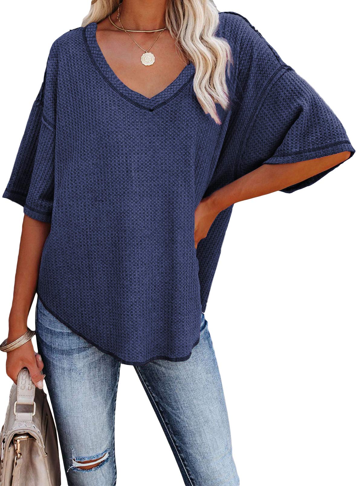 Dokotoo Women's Casual V-Neck Short Sleeve Waffle Knit Tunic Top - Breathable Loose Blouse for Summer, Work, Travel & Everyday Wear