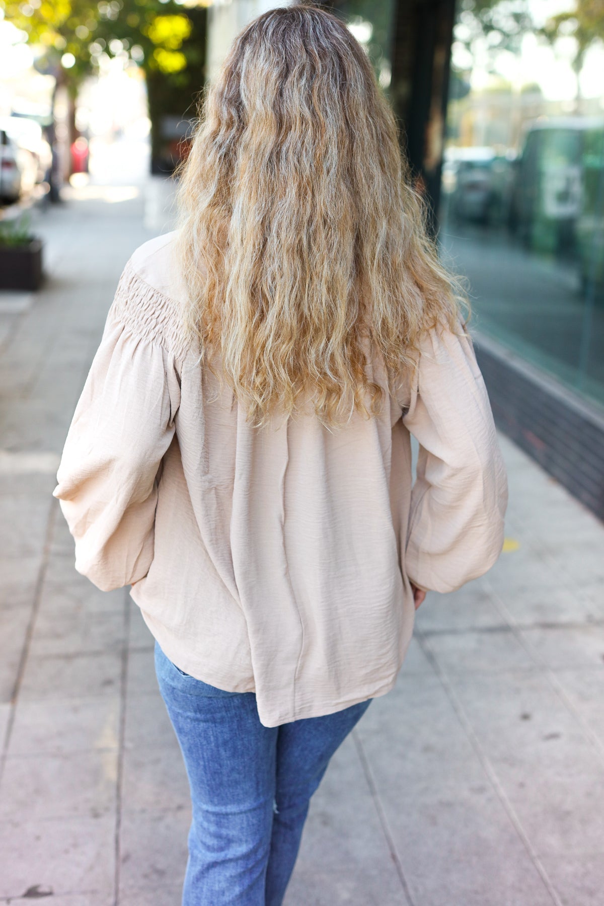 Boho Chic Taupe Smocked Bubble Sleeve Blouse with Notched Neckline - Perfect for Summer Festivals & Beach Vacations