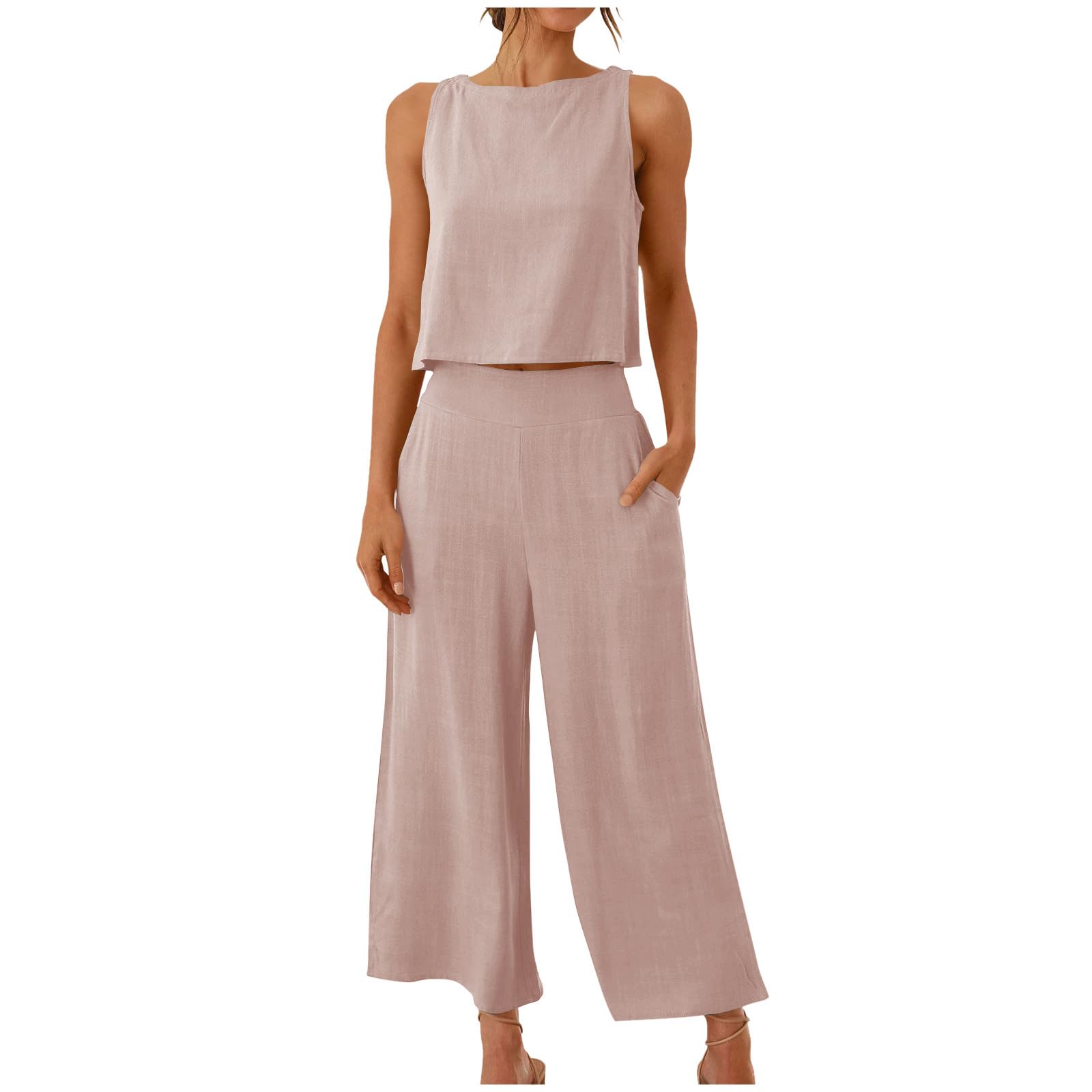 Women's 2-Piece Summer Outfit Set - Linen Crop Top & High Waist Wide Leg Capri Pants Lounge Wear | Casual Chic Matching Set for Beach, Vacation & Everyday Wear