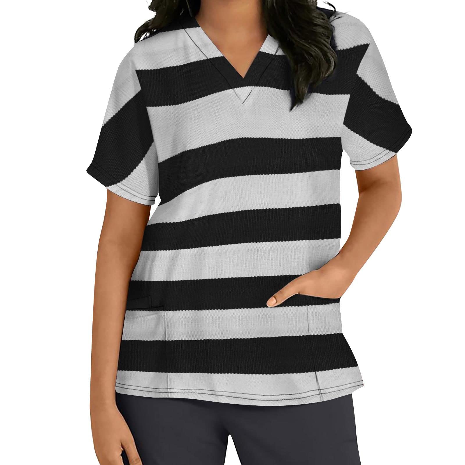 Women's Casual V-Neck Button-Up Blouse - Loose Fit Short Sleeve Top with 3 Pockets & Stripe Print - Perfect for Work Uniform, Office Wear & Everyday Outfits