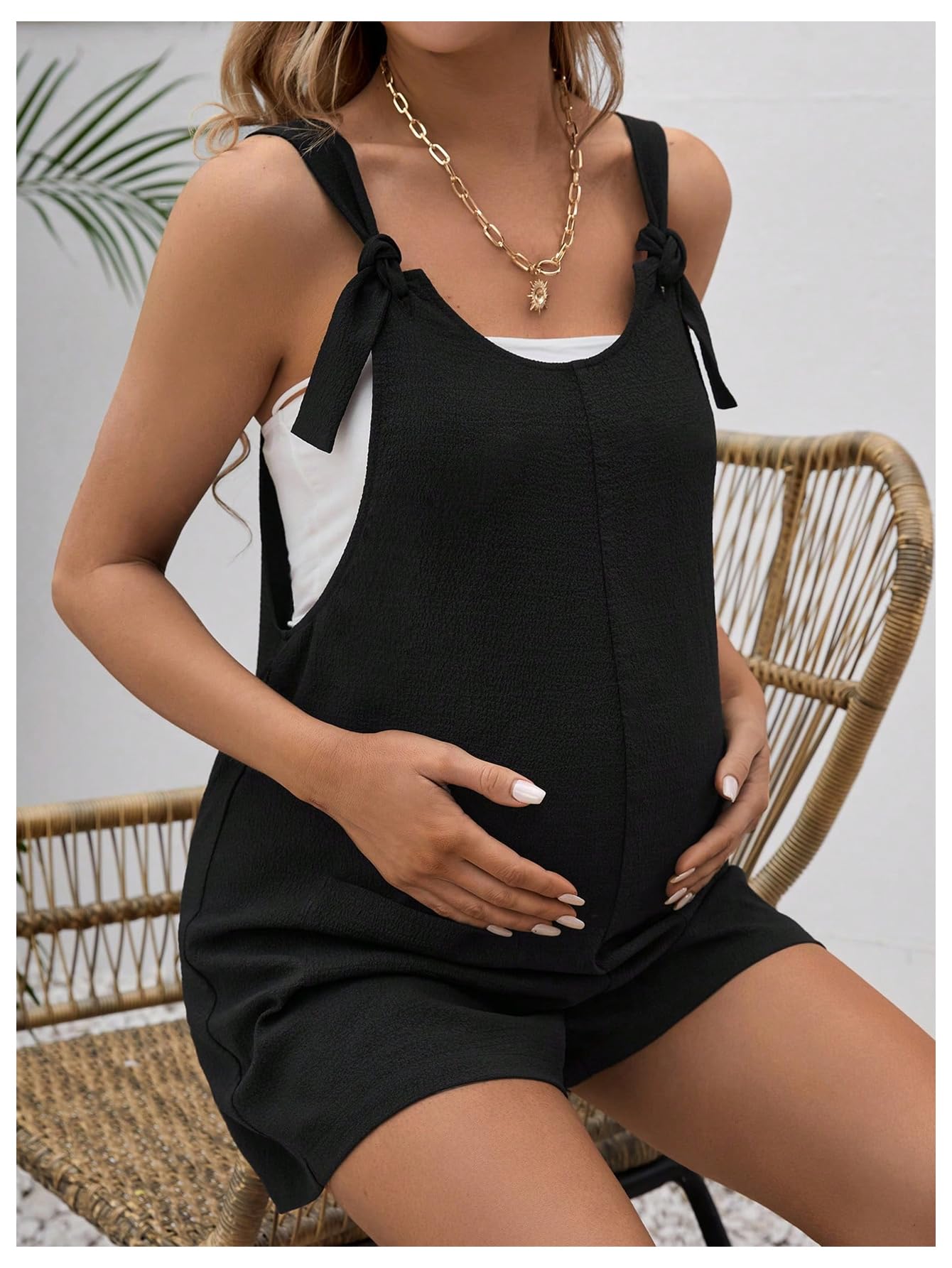 OYOANGLE Women's Maternity Tie Knot Wide Strap Suspender Overalls - Sleeveless Romper Jumpsuit with Pockets | Comfortable Pregnancy Shorts for Summer, Beach & Casual Wear
