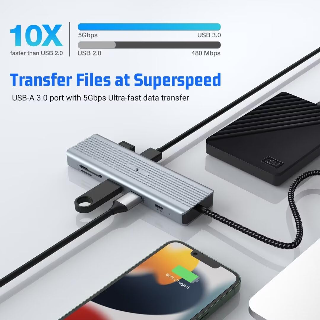 OOTDAY 10-in-1 USB C Hub with USB 3.0 - Ultra Slim Multi-Port Adapter for MacBook Pro/Air, iMac, Surface Pro, PS4 & Laptops - Perfect for Home Office, Gaming & Travel Connectivity