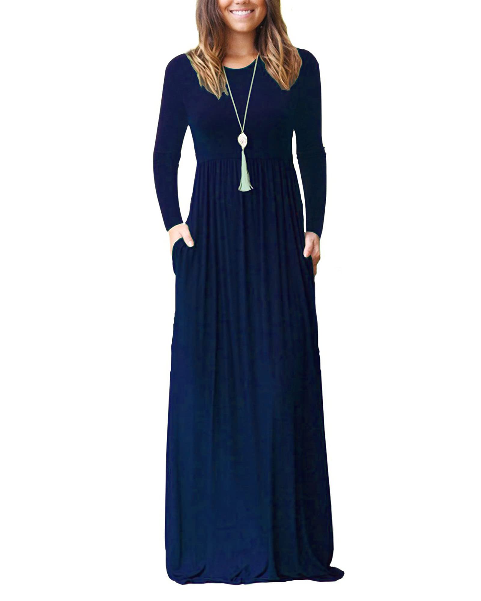 AUSELILY Women's Long Sleeve Loose Plain Maxi Dress with Pockets - Casual Flowy Boho Dress for Beach, Vacation & Everyday Wear