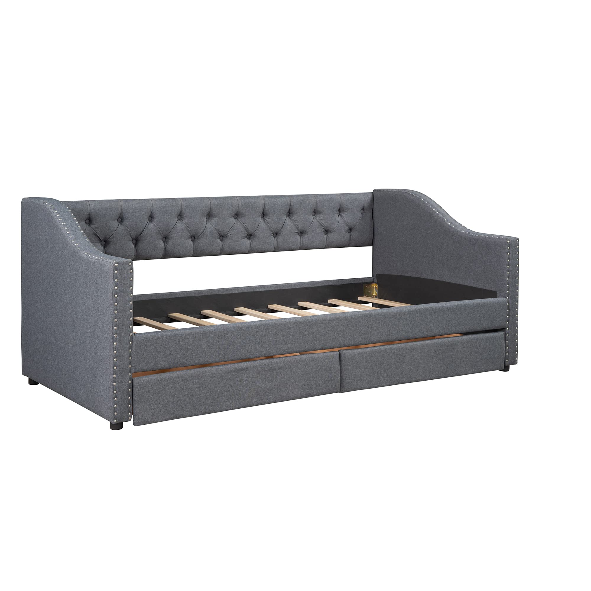 Gray Velvet Upholstered Daybed with 2 Drawers - Twin Size Sofa Bed with Wooden Slat Support for Living Room & Bedroom - Perfect for Guest Sleeping, Lounge Relaxation & Small Space Solutions