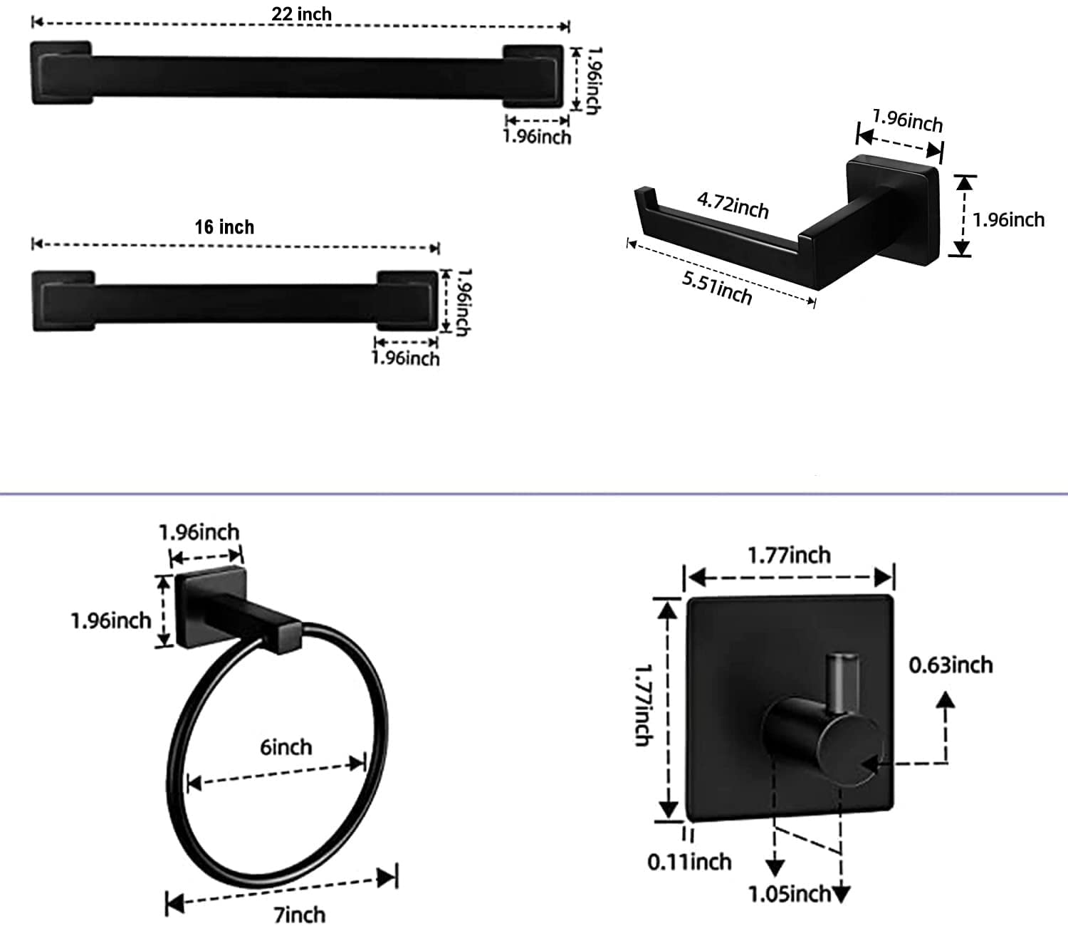 9-Piece Matte Black Stainless Steel Bathroom Hardware Set - 16