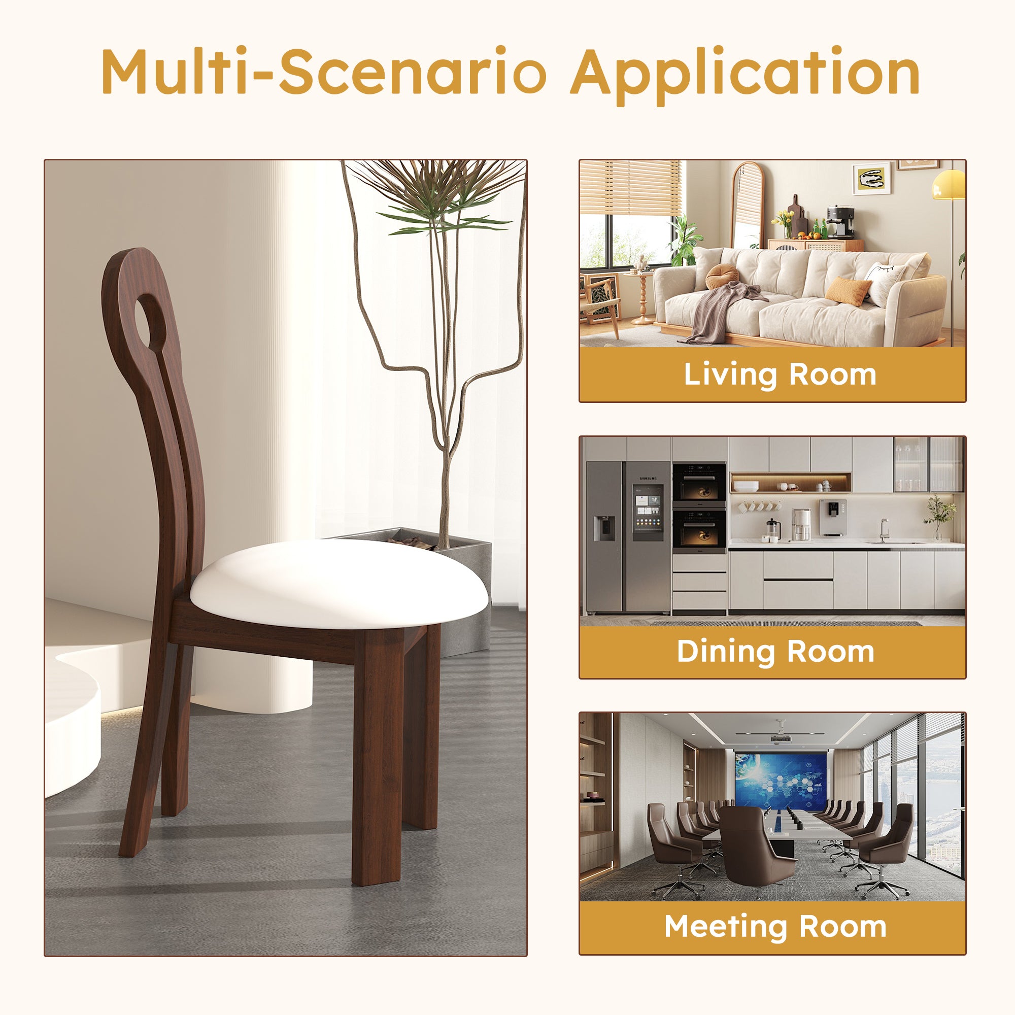 2 Pack Modern Dining Chairs - PU Leather Upholstered Solid Wood Frame with White Round Cushions, Mid-Century Kitchen & Dining Room Chairs in Deep Walnut Brown - Perfect for Small Spaces, Breakfast Nooks & Apartment Dining Sets