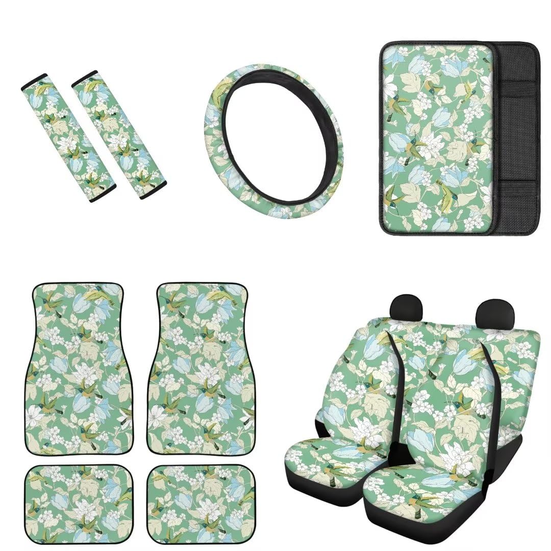 Premium Green Floral Bird Car Seat Covers Full Set - 4-Piece Car Mats, Steering Wheel Cover, Armrest & Seat Belt Protectors | Universal Fit for Sedans, SUVs & Trucks | Waterproof & Anti-Slip Interior Accessories for Comfort & Style