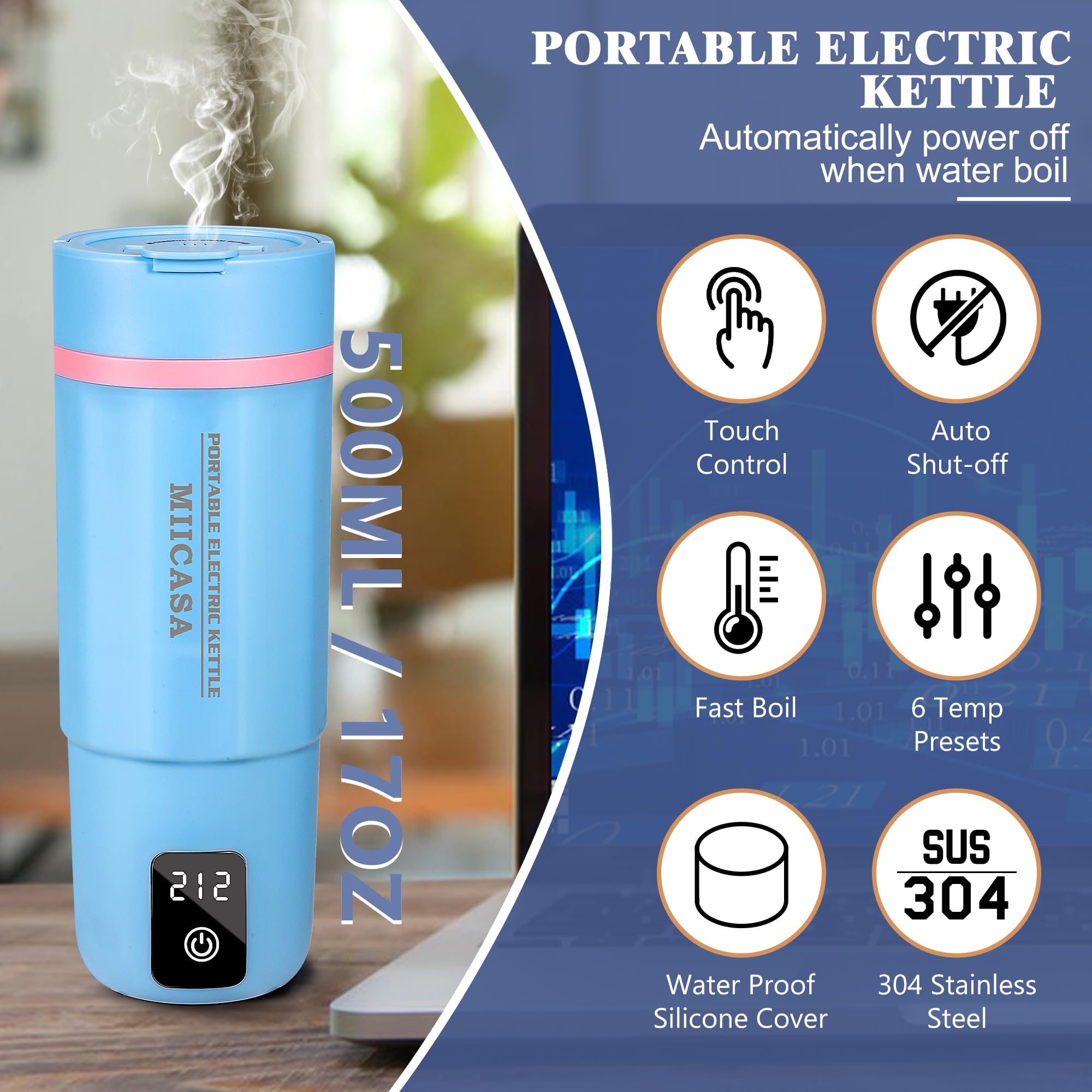 Portable Electric Travel Kettle - 17oz Stainless Steel Water Boiler with 6 Temperature Settings, Auto Shut-Off & Boil-Dry Protection, Waterproof Base (Polygon Blue) - Perfect for Camping, Office, Hotel & Home Use