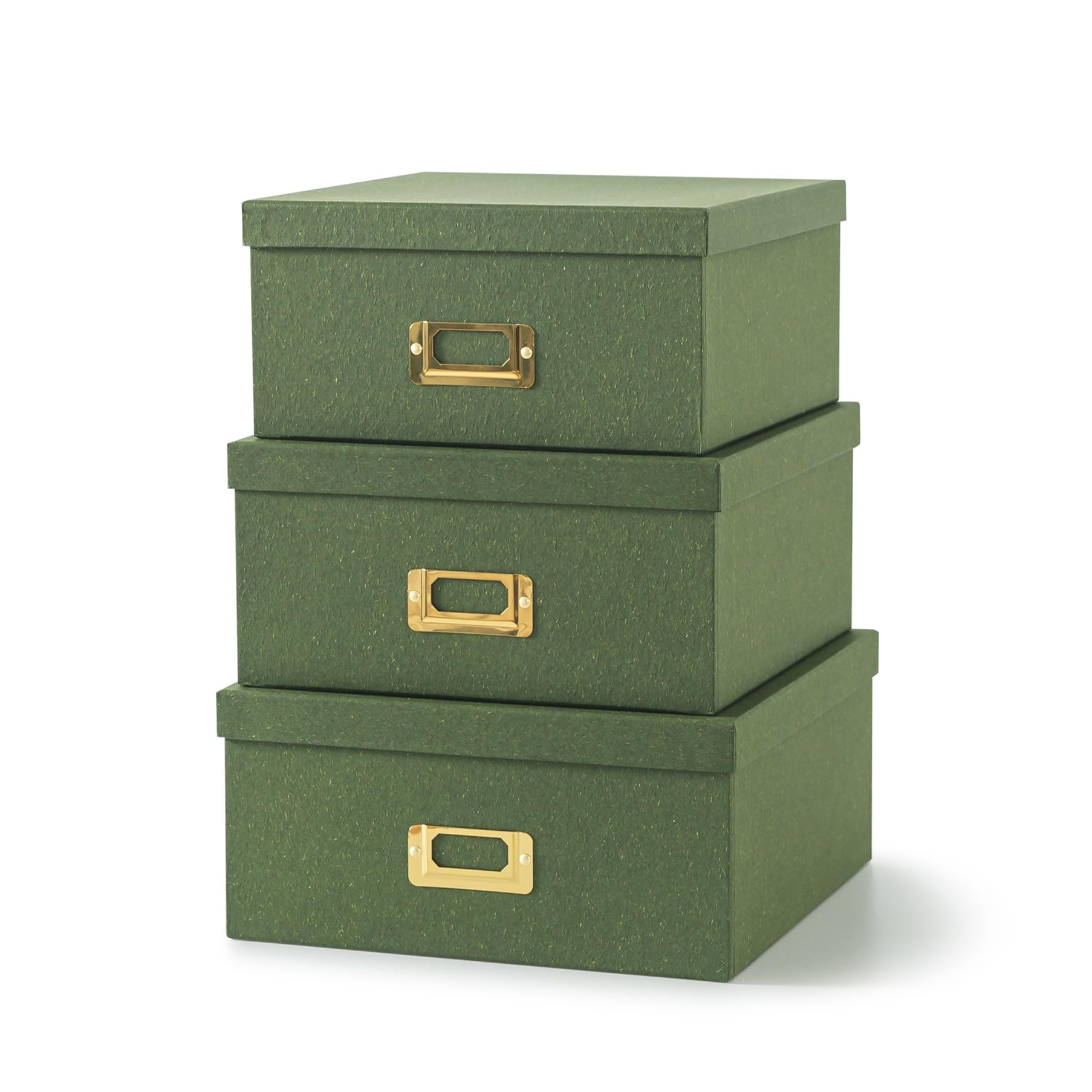 Eco-Friendly Green Kraft Paper Storage Boxes - Set of 3 Square Stackable Boxes with Lids & Gold Label Holders for Home Organization, Photo Storage, and Decorative Display | Perfect for Living Room, Bedroom, and Office Decor