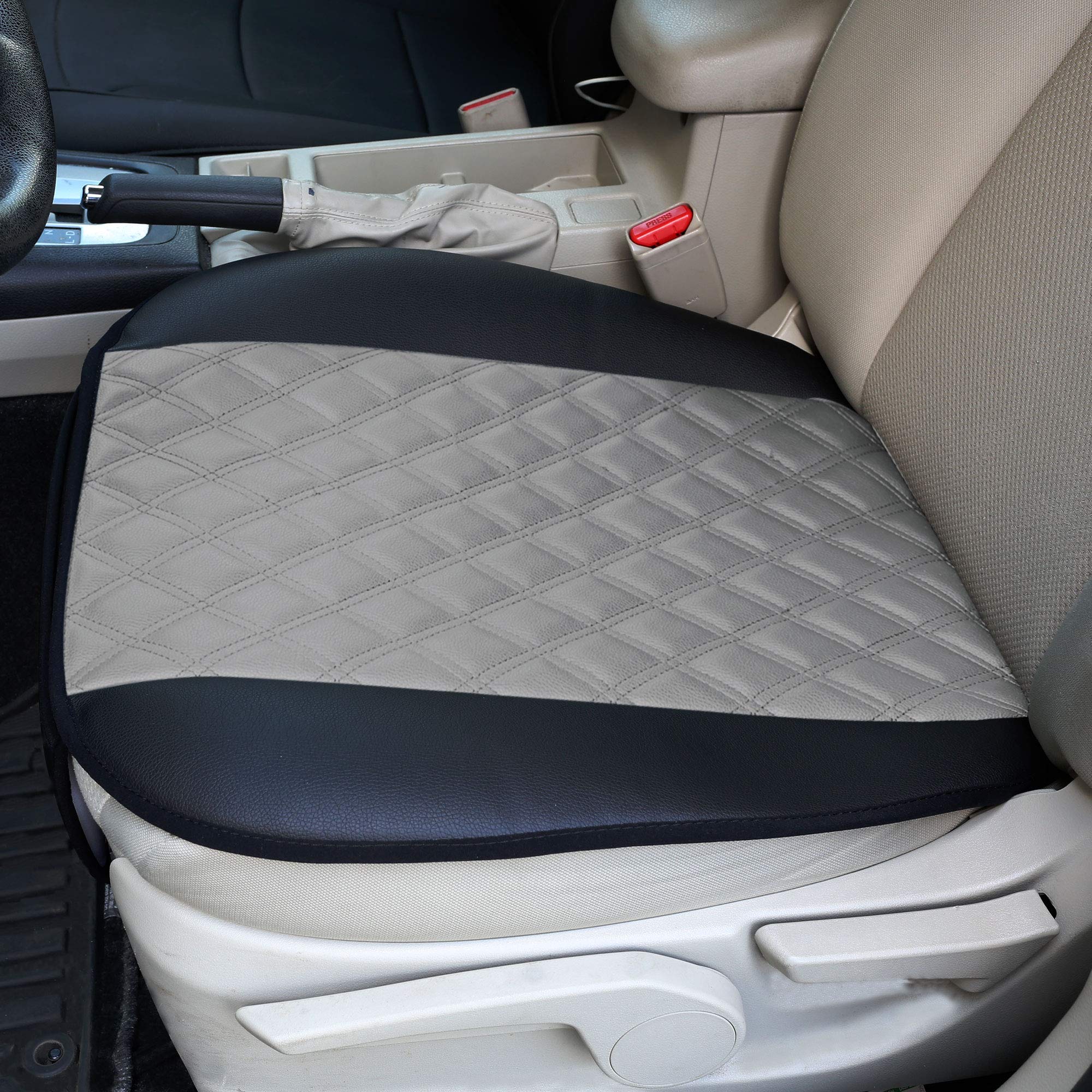 TLH Faux Leather Seat Cushion Pad with Front Pocket - Universal Fit Car Seat Protector for Cars, Trucks & SUVs, Waterproof Gray Seat Covers (2 Pack) - Comfortable for Long Drives, Road Trips & Daily Commute