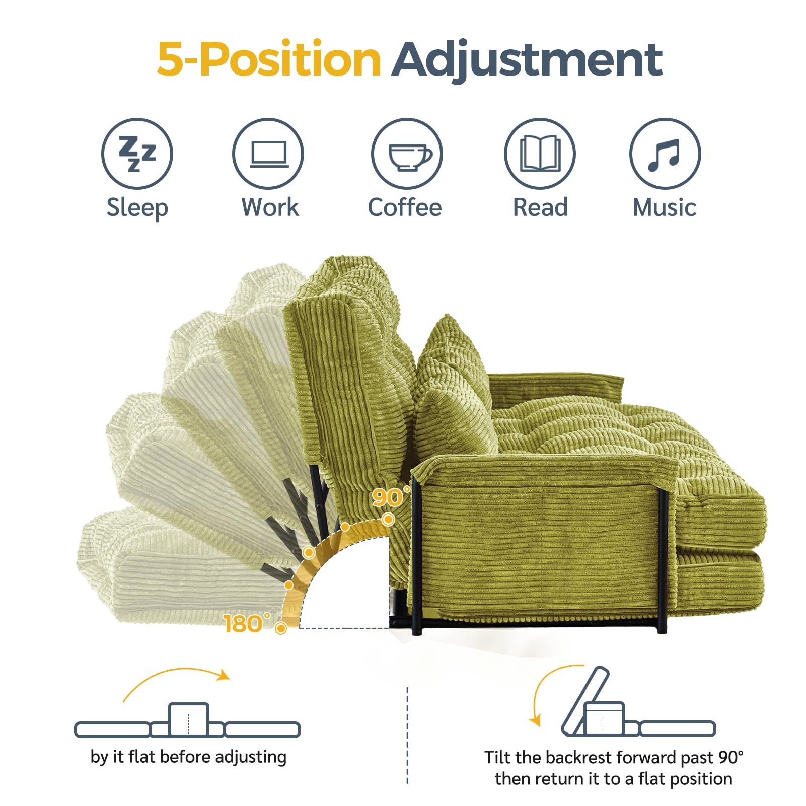MAXYOYO Adjustable Floor Sofa Bed with 2 Pillows - Multi Functional Bean Bag Sleeper Bed with Armrest for Reading, Gaming & Relaxing - Perfect for Small Spaces, Dorm Rooms & Living Rooms (Green)