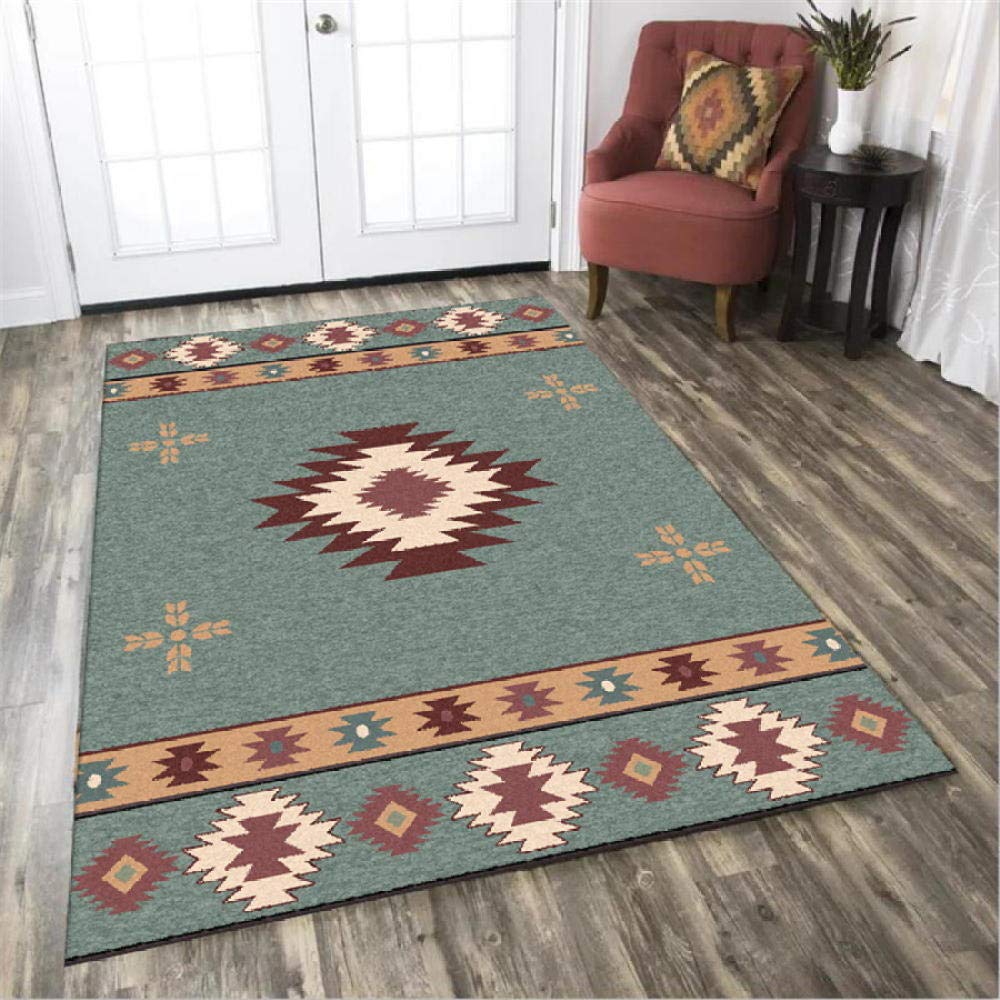 Traditional Nordic Geometric Ethnic Style Area Rug - Duck Egg Blue & Brown Soft Short Pile Living Room Rug (120x160cm) | Easy to Clean Medium Rug for Home Decor, Bedroom & Office