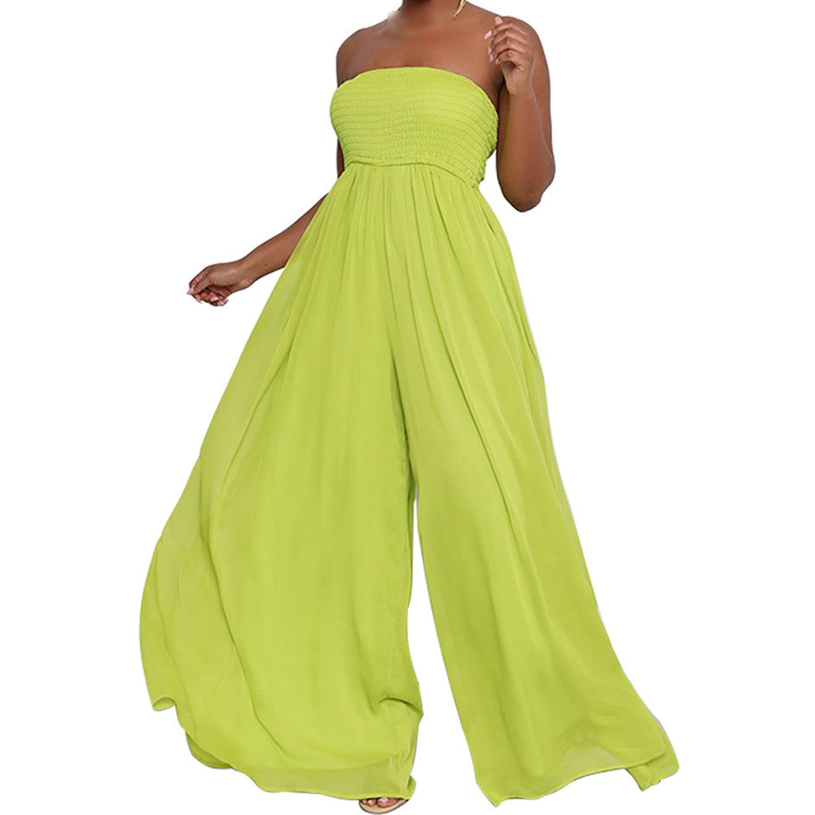 Sexy High Waist Tube Top Jumpsuit Pants for Women - Strapless Chiffon Romper with Ruched Sleeveless Top & Wide Leg Design | Perfect for Summer Parties, Beach Vacations & Date Nights