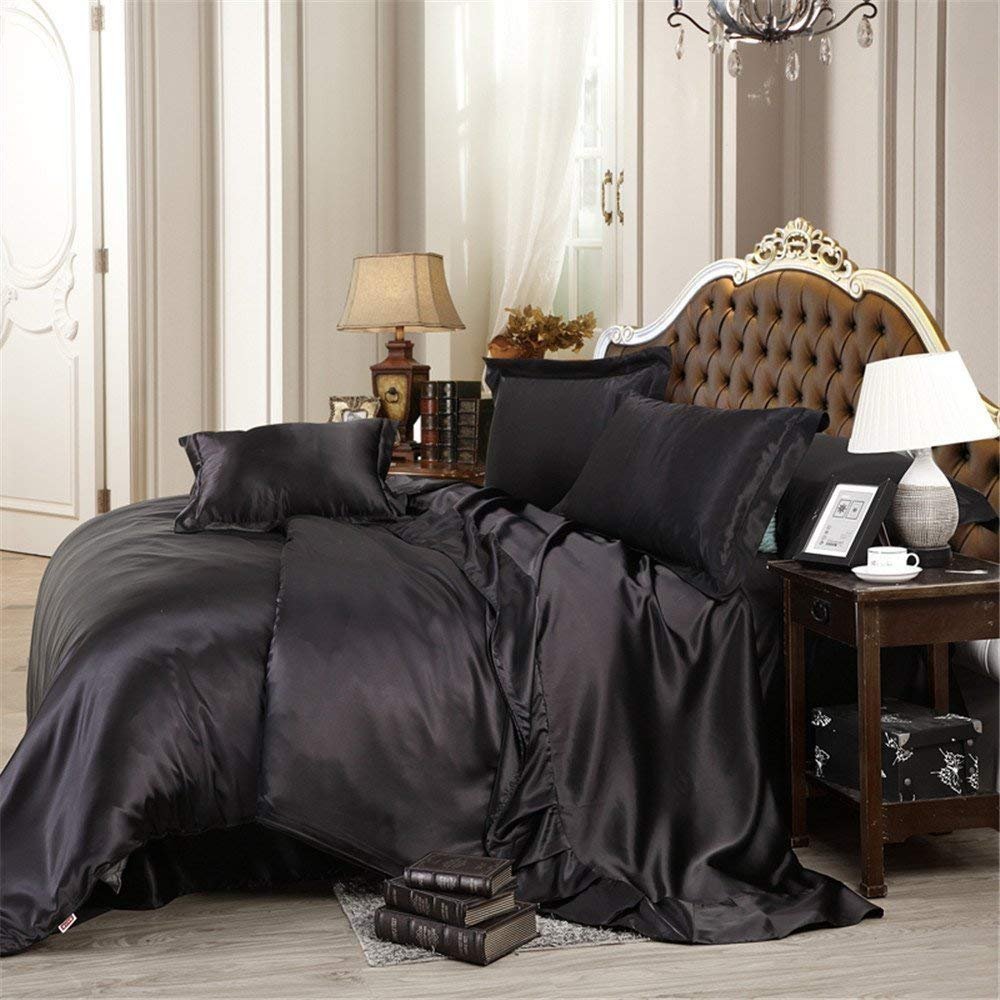 Luxury 7-Piece Queen Size Bedding Set - Ultra Soft Polyester Satin Silk Sheets & Comforter (1 Comforter, 1 Fitted Sheet, 1 Flat Sheet, 4 Pillowcases) - Hotel Quality Black Bed Sheets for Master Bedroom, Guest Room & Airbnb