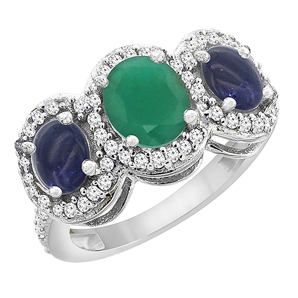 10K White Gold Natural Emerald & Lapis 3-Stone Mother's Ring with Oval Diamond Accent - Sizes 5-10 | Elegant Gift for Mom, Birthday, Anniversary & Special Occasions