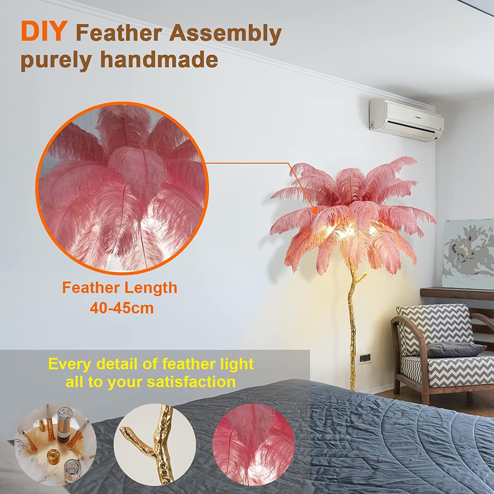 Natural Ostrich Feather Floor Lamp - Modern LED Dimmable Standing Light with Adjustable Brightness, Romantic Princess Style Bedroom Reading Lamp, Tall Corner Light for Living Room, Dining Room & Office (120cm, Pink) | Perfect for Cozy Nights, Home Decor & Ambient Lighting
