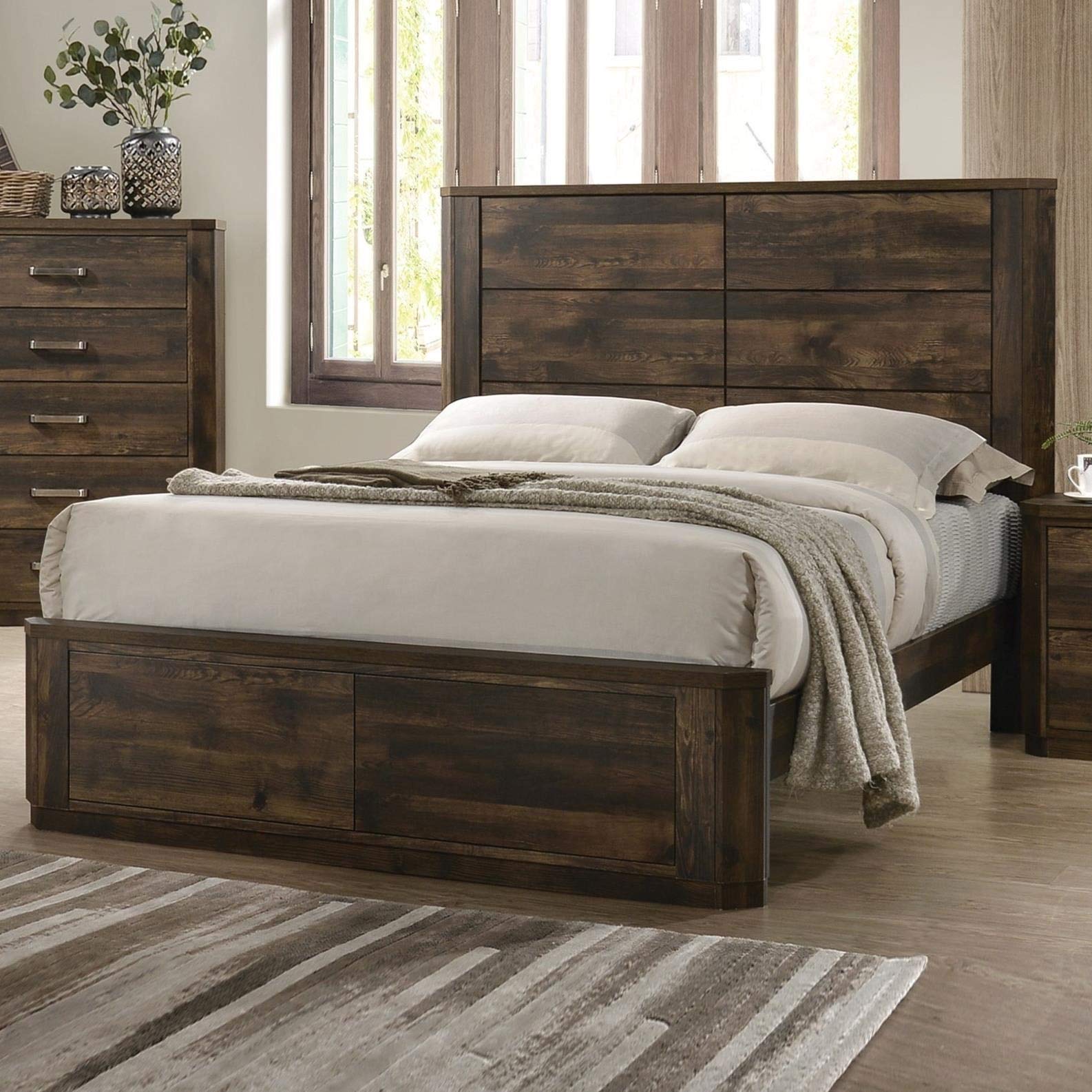 Elettra Queen Bed Frame in Rustic Walnut - 88 x 69 x 56 Inches - Solid Wood Platform Bed with Headboard - HuaZo Beds & Bed Frames (1 Set/2 Cartons) - Perfect for Farmhouse, Rustic, or Industrial Style Bedrooms
