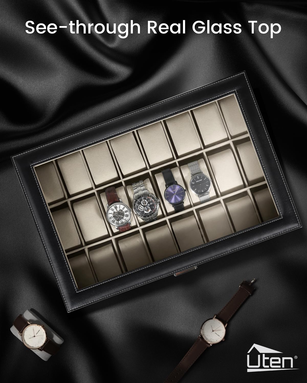 Uten 24-Slot Watch Box Organizer with Large Glass Lid - Jewelry Storage & Display Case for Men & Women - Perfect for Watch Collectors & Gift Giving