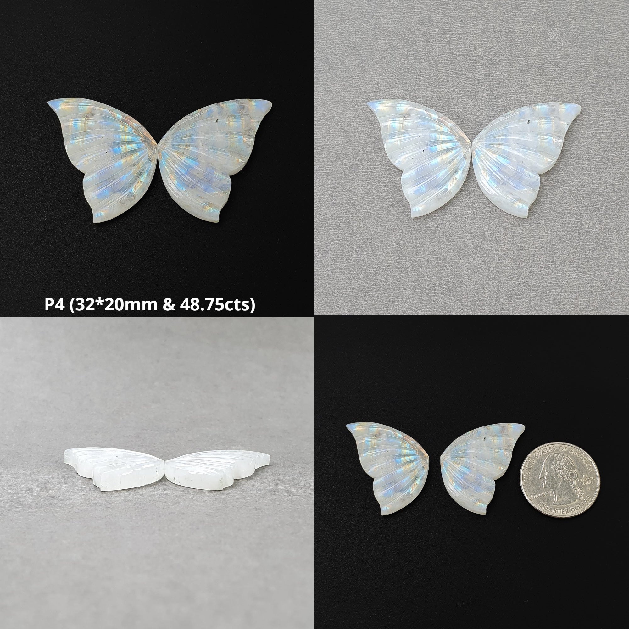 Natural Rainbow Moonstone Butterfly Carving Pair - Untreated & Unheated Handmade Gemstone Jewelry for Meditation, Healing & Spiritual Gifts