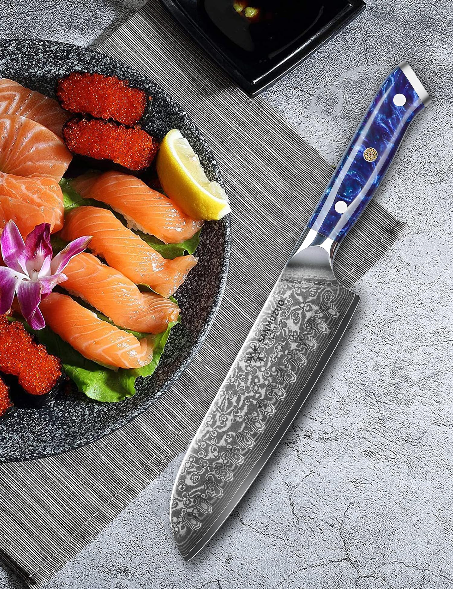 7 Inch Santoku Knife - Xuan Series VG10 Damascus Steel Kitchen Knife with Resin Handle (Sapphire Blue) - Perfect for Slicing, Dicing & Chopping Vegetables, Meat & Fish - Ideal for Home Chefs & Cooking Enthusiasts