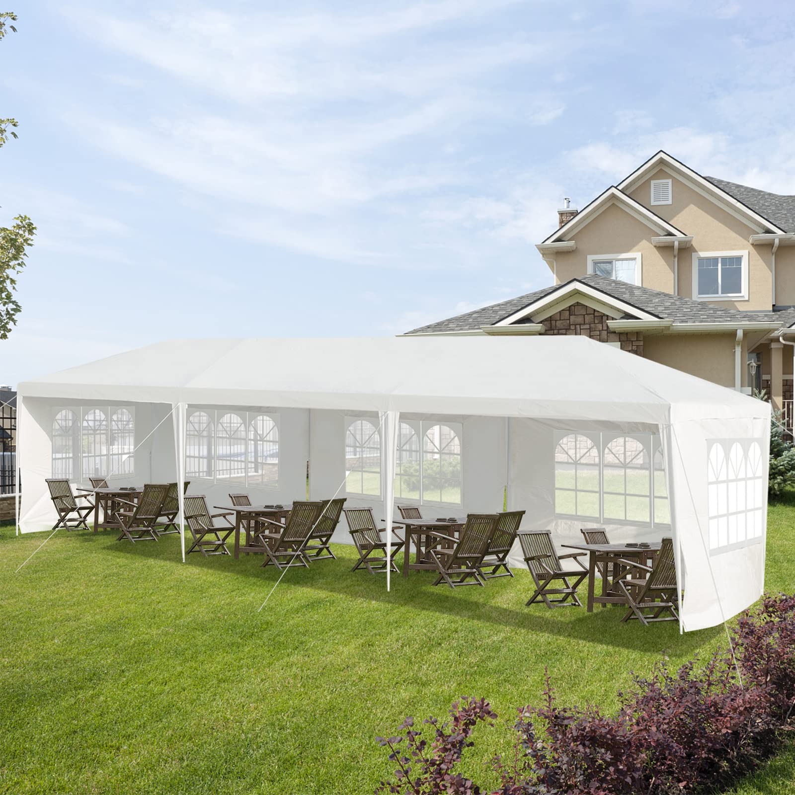 10FT x 30FT Heavy Duty Outdoor Wedding Party Tent with 5 Removable Sidewalls & Transparent Windows - Waterproof Instant Canopy Pavilion for Camping, BBQ, Backyard Events, and Outdoor Gatherings