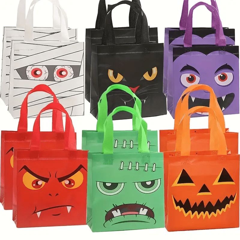 Mpow Halloween Trick or Treat Tote Bags Set - Cute Cartoon Printed Reusable Grocery Bags for Kids Party Favors, Candy Collection & Halloween Decorations
