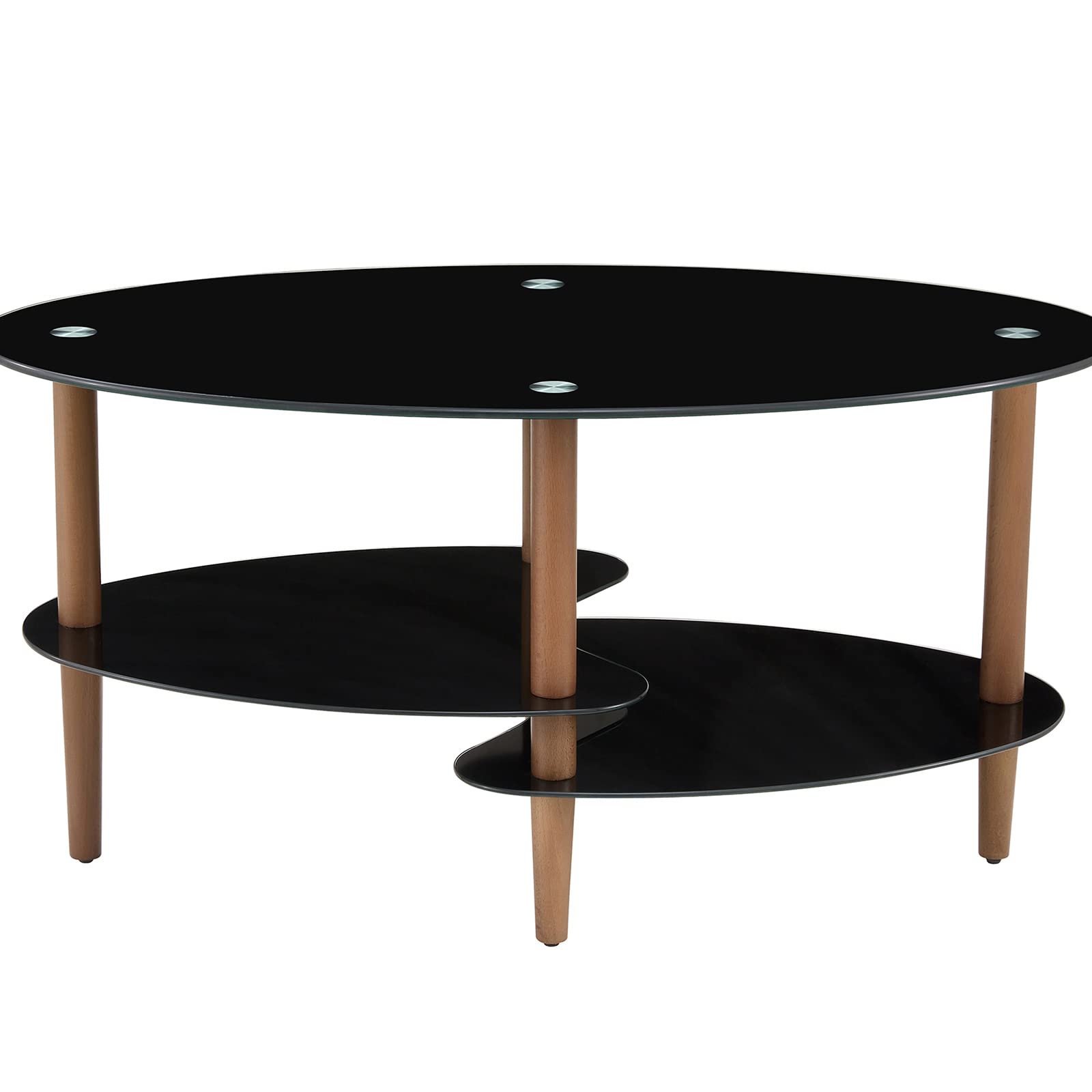 Modern Black Oval Glass Coffee Table with Oak Wood Legs - 3-Layer Transparent Glass Top - Perfect for Living Room, Waiting Room & Office Spaces