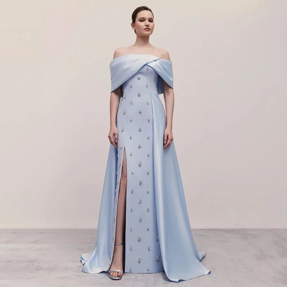 Elegant Blue Satin Mermaid Evening Dress with Beaded Detail & High Slit - Women's Formal Gown for Parties, Prom, Weddings & Special Occasions - Serene Hill Collection LA72458