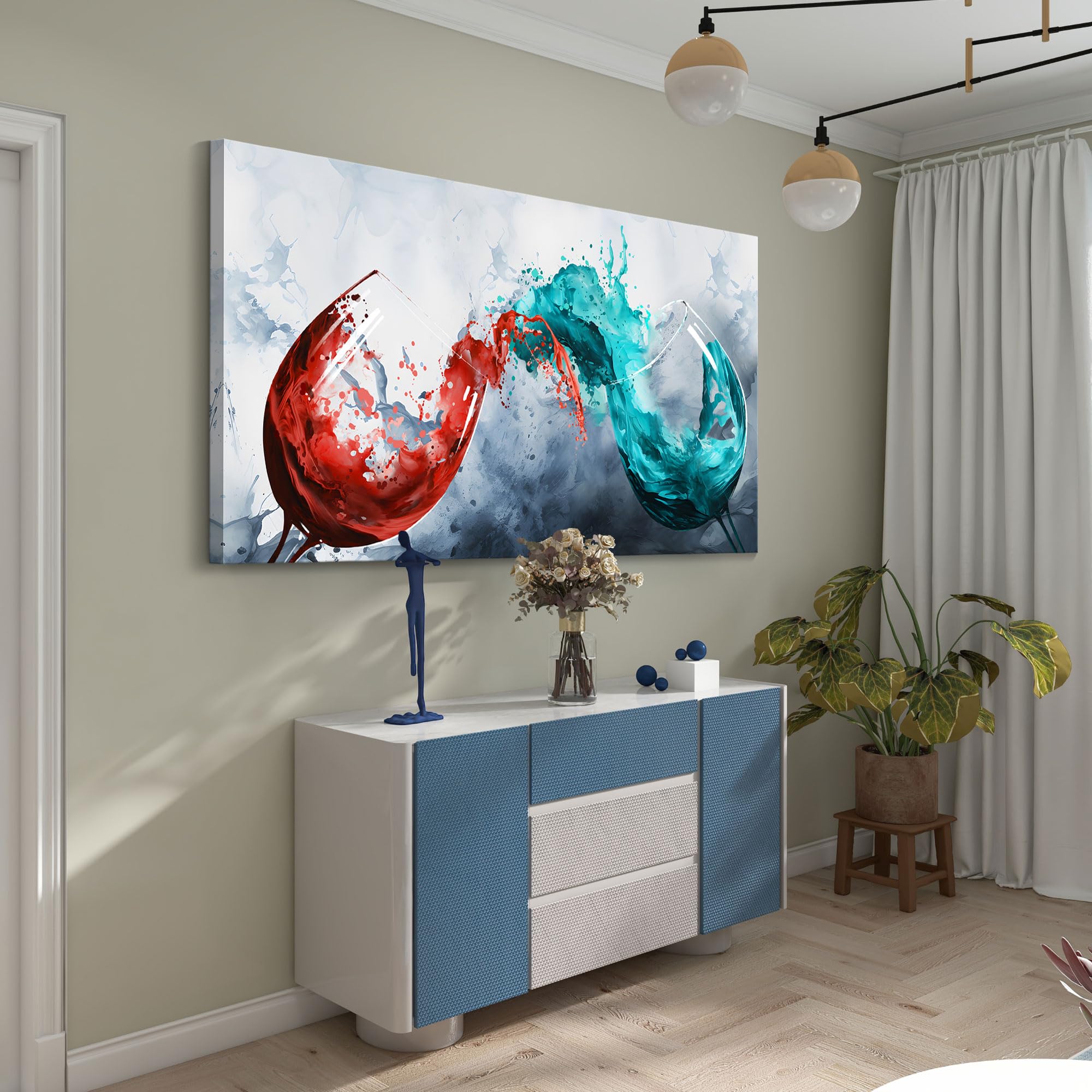 Modern Wine Glass Canvas Wall Art - Blue & Red Wine Cups Painting for Dining Room, Kitchen & Office Decor - 30x60 Inch Contemporary Wall Art - Perfect for Home, Restaurant & Bar Decorations