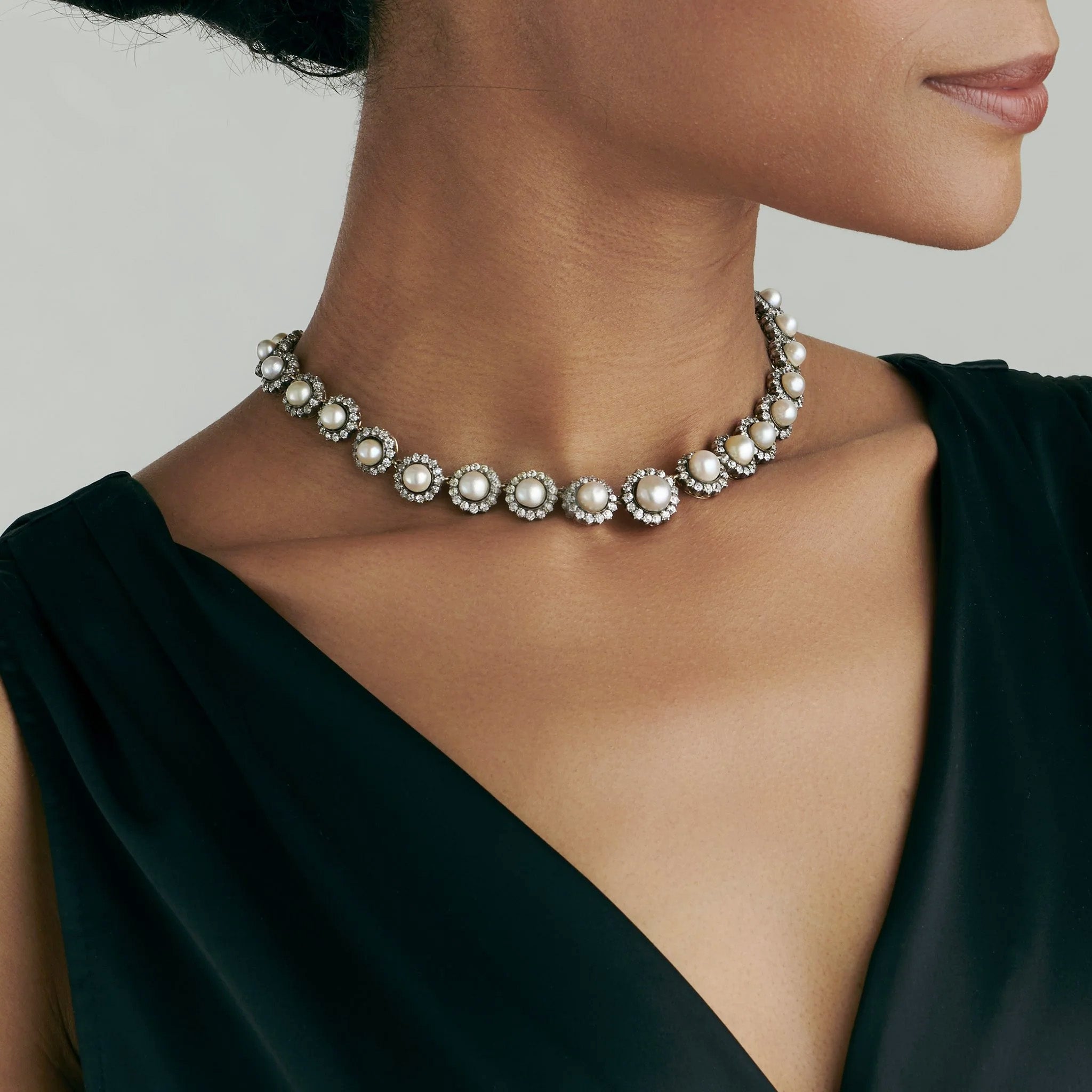 Natural Saltwater Button Pearl and Diamond Necklace for Women - Elegant Jewelry Gift for Wedding, Anniversary & Special Occasions