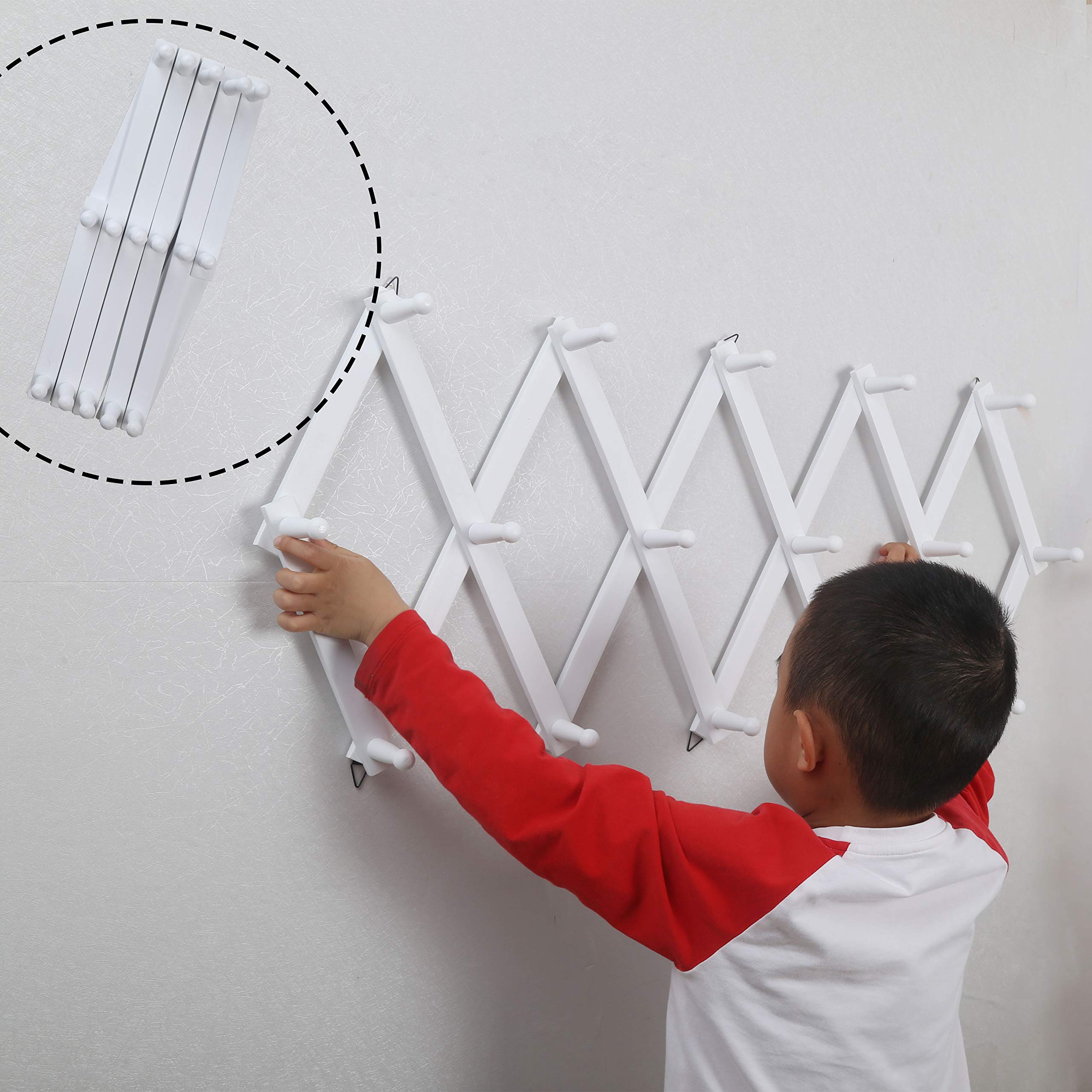 Expandable Wooden Coat Rack - 16 Peg Hooks Wall Mounted for Hats & Caps - Home & Office Use