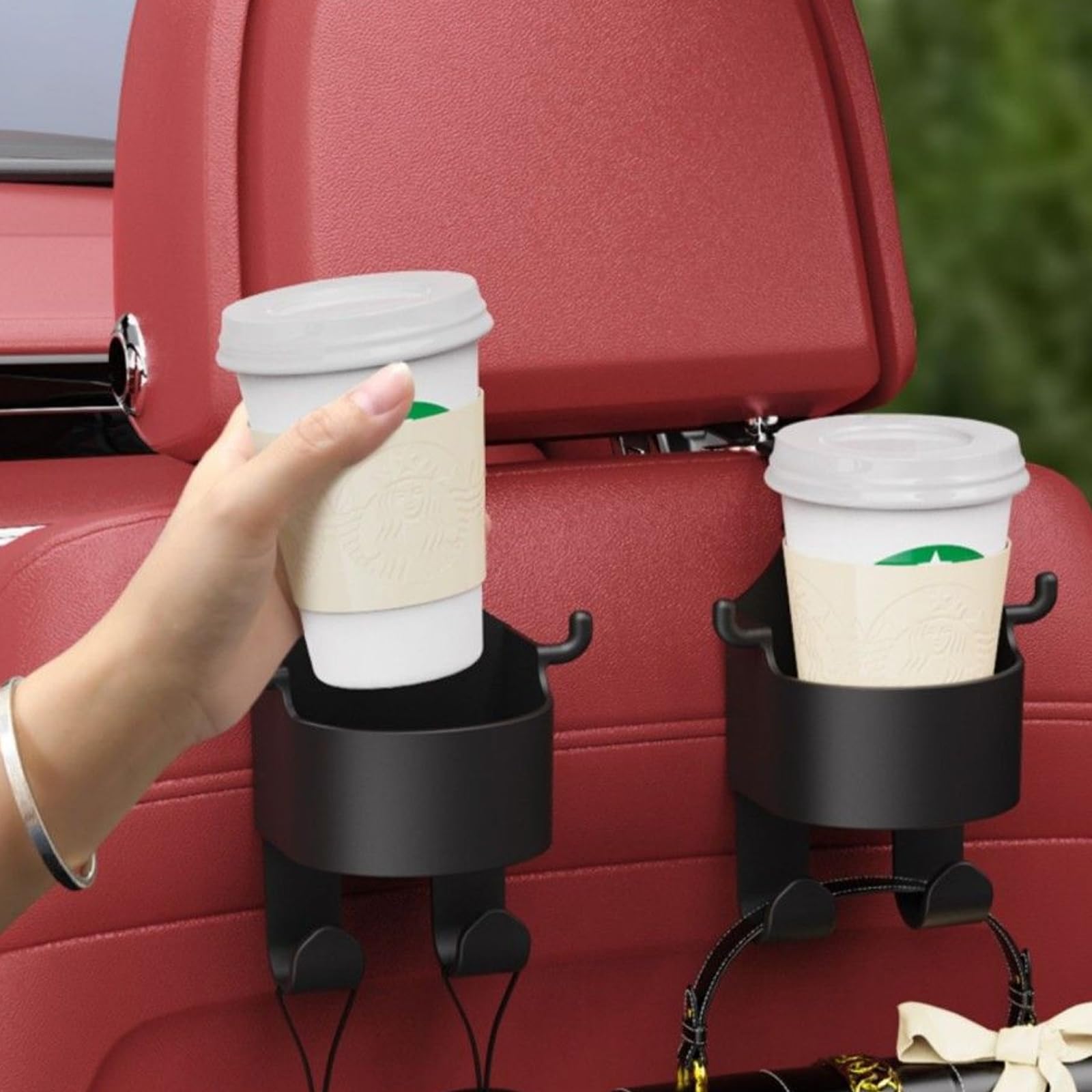 3-in-1 Multifunctional Car Seat Back Hook & Cup Holder - Heavy Duty Auto Organizer (2 Pack, Type-A) - Perfect for Road Trips, Grocery Bags & Backseat Storage