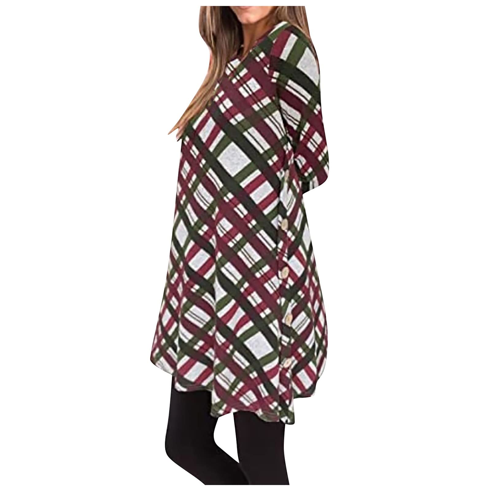 Women's Long Sleeve Tunic Dress with Side Buttons & Asymmetrical Hem - Casual Round Neck T-Shirt Dress to Wear with Leggings for Work, Date Night & Fall Layering
