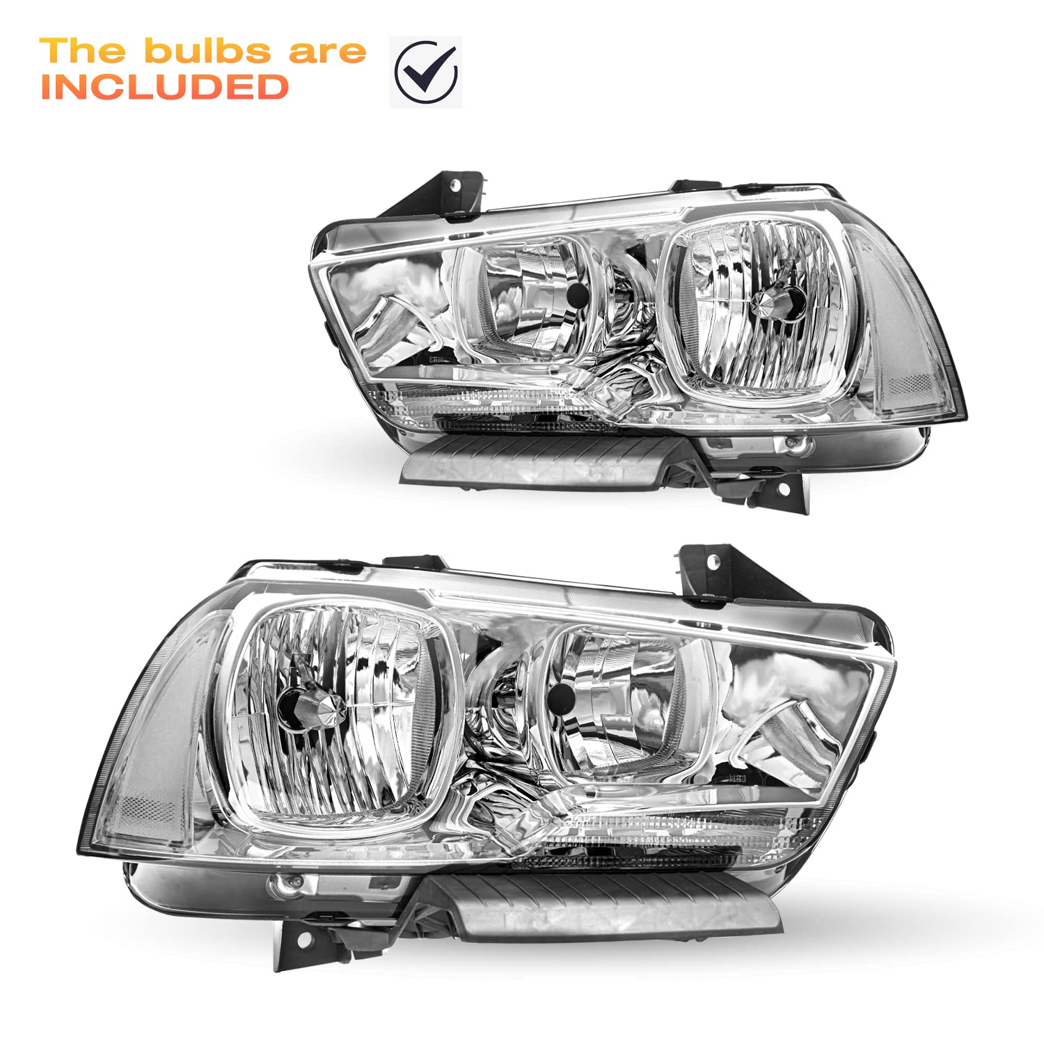 TUSDAR Headlight Assembly Set with Bulbs for 2011-2014 Dodge Charger R/T SE SRT8 - Replacement OE Headlamp Driver & Passenger Side (Chrome Housing, Clear Reflector) - Perfect for Night Driving & Car Upgrades