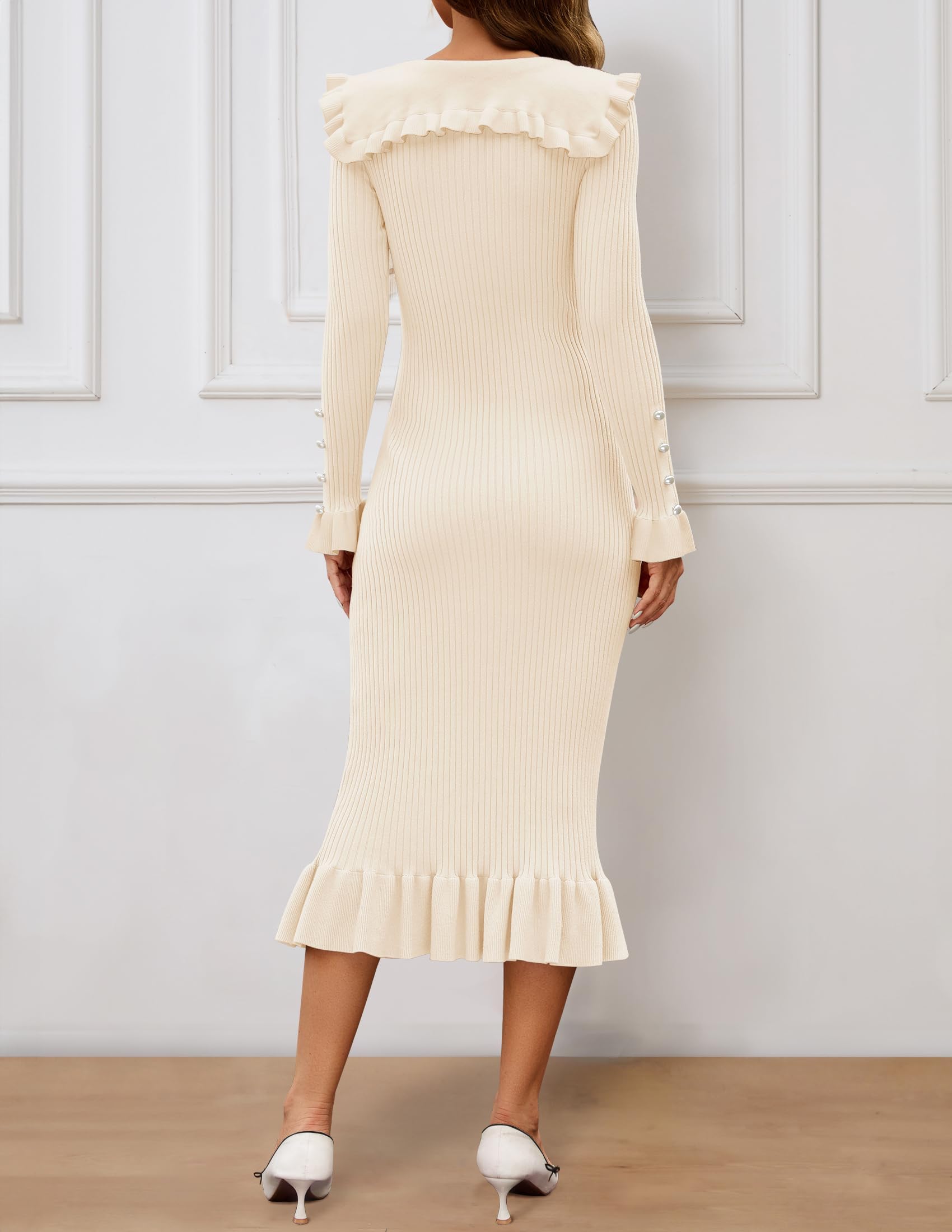ZESICA Women's Long Sleeve Sweater Dress 2025 Spring Lapel Collar Button Elegant Casual Midi Bodycon Dresses for Work, Date Night & Holiday Outfits