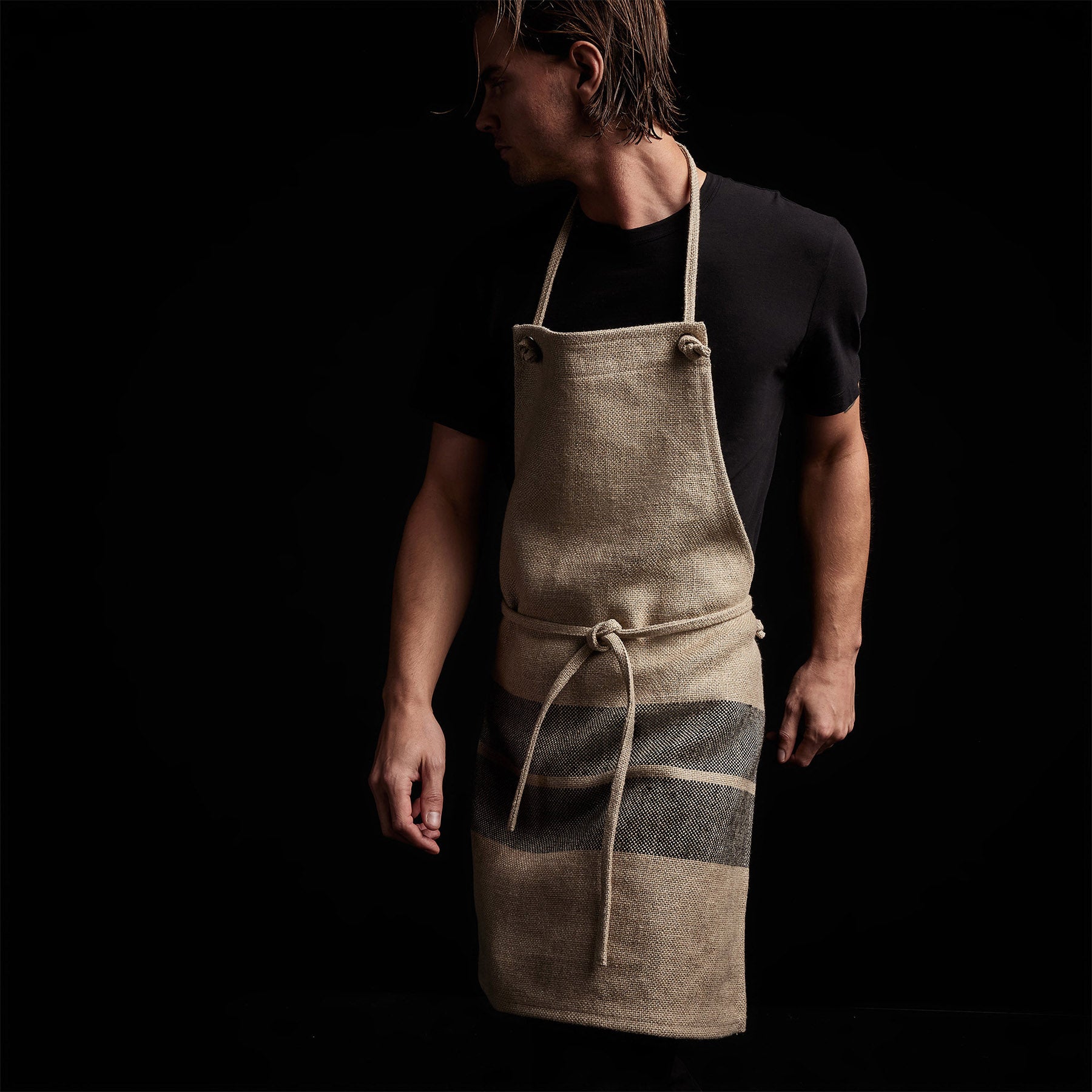 Premium Double Stripe Chef's Apron - Beige & Black Cotton Kitchen Apron for Cooking, Baking & Grilling - Ideal for Home Chefs & Professional Kitchens