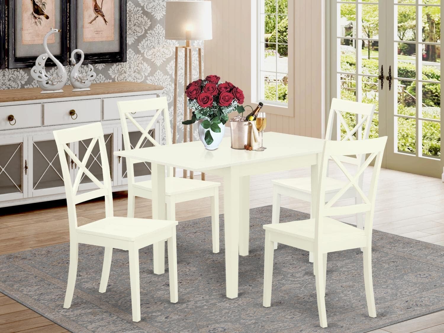East West Furniture NDBO5-LWH-W 5-Piece White Dining Room Set with Drop-Leaf Table & 4 Wooden Chairs, 30x48 Inch - Perfect for Small Spaces, Breakfast Nooks & Cozy Family Meals