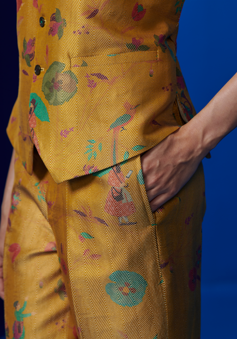 Azad Trousers - Women's Silk Brocade Pants in Mustard Yellow | Elegant Lounge Wear & Special Occasion Outfit