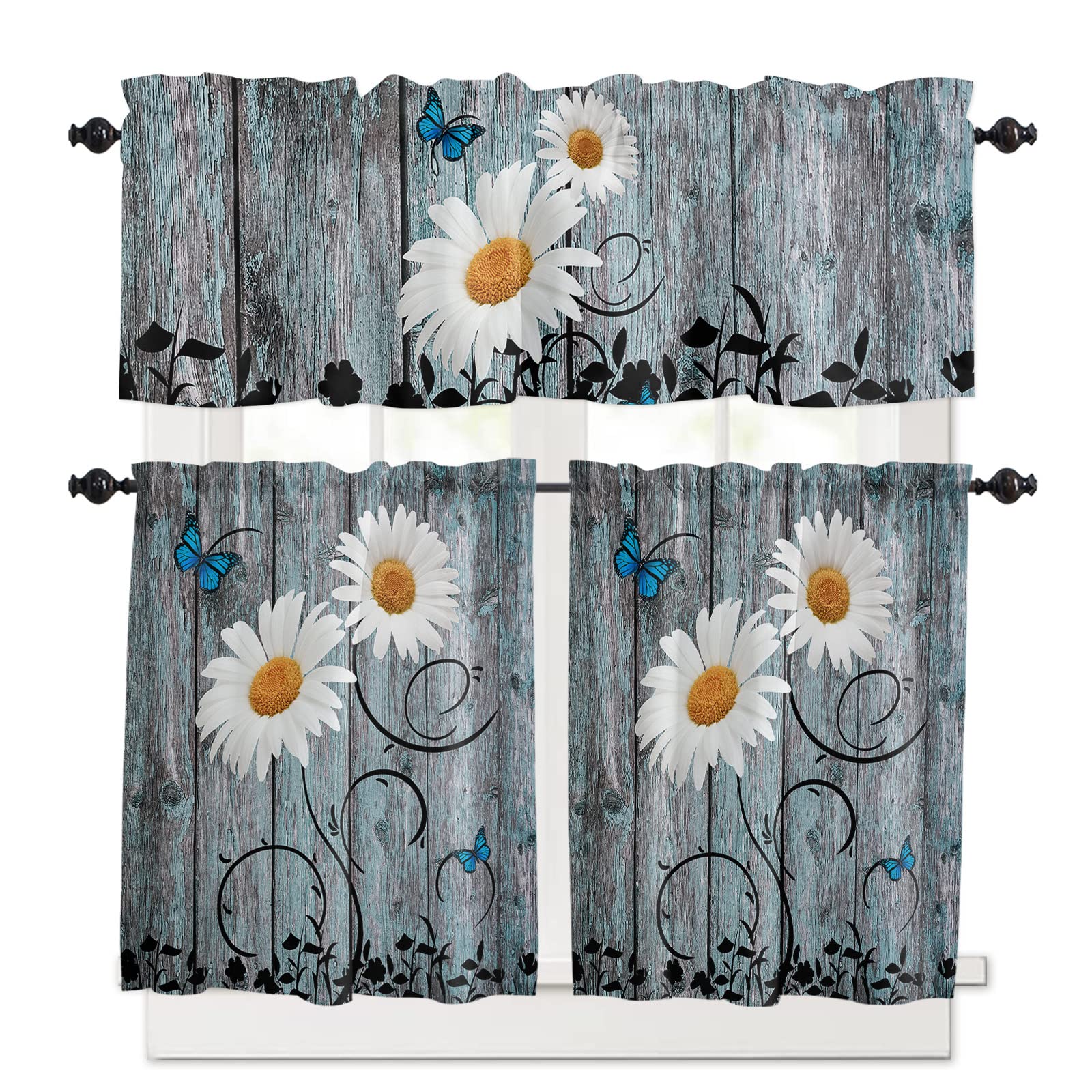 Rustic Floral Yellow Daisy Butterfly Kitchen Curtain Valance & Tier Set - 3 Piece Rod Pocket Window Treatment (54x36 Inches) for Farmhouse, Cottage & Country Style Decor - Perfect for Kitchens, Dining Rooms & Sunrooms