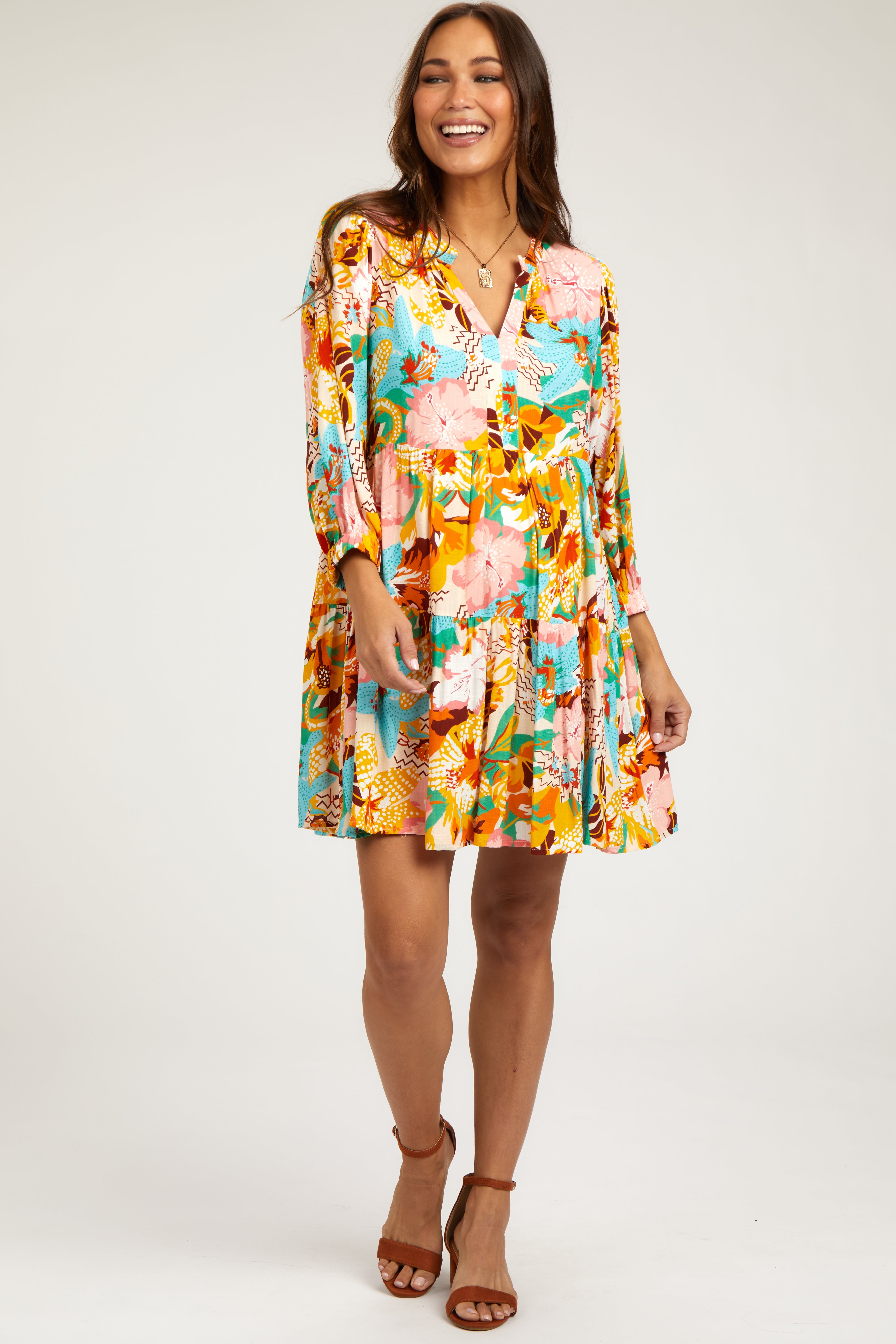 Beige & Multicolor Floral Maternity Dress with 3/4 Sleeves - Perfect for Baby Showers, Maternity Photos & Special Occasions