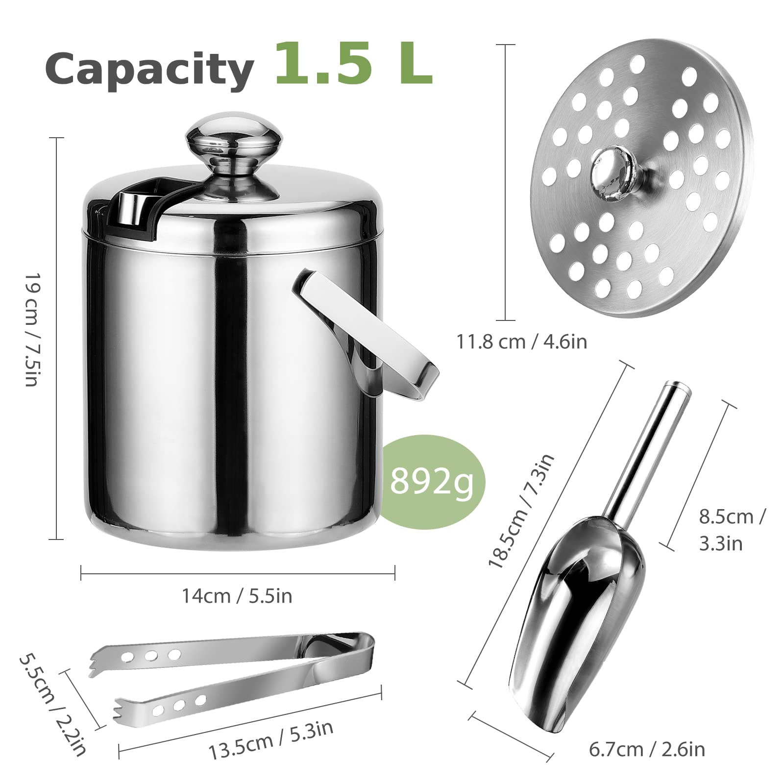 Premium 1.5L Stainless Steel Ice Bucket with Lid - Double Wall Insulated Metal Ice Bucket for Whiskey, Cocktails & Beverages - Includes Tongs & Strainer - Perfect for Home Bars, Parties, Weddings & Outdoor Events