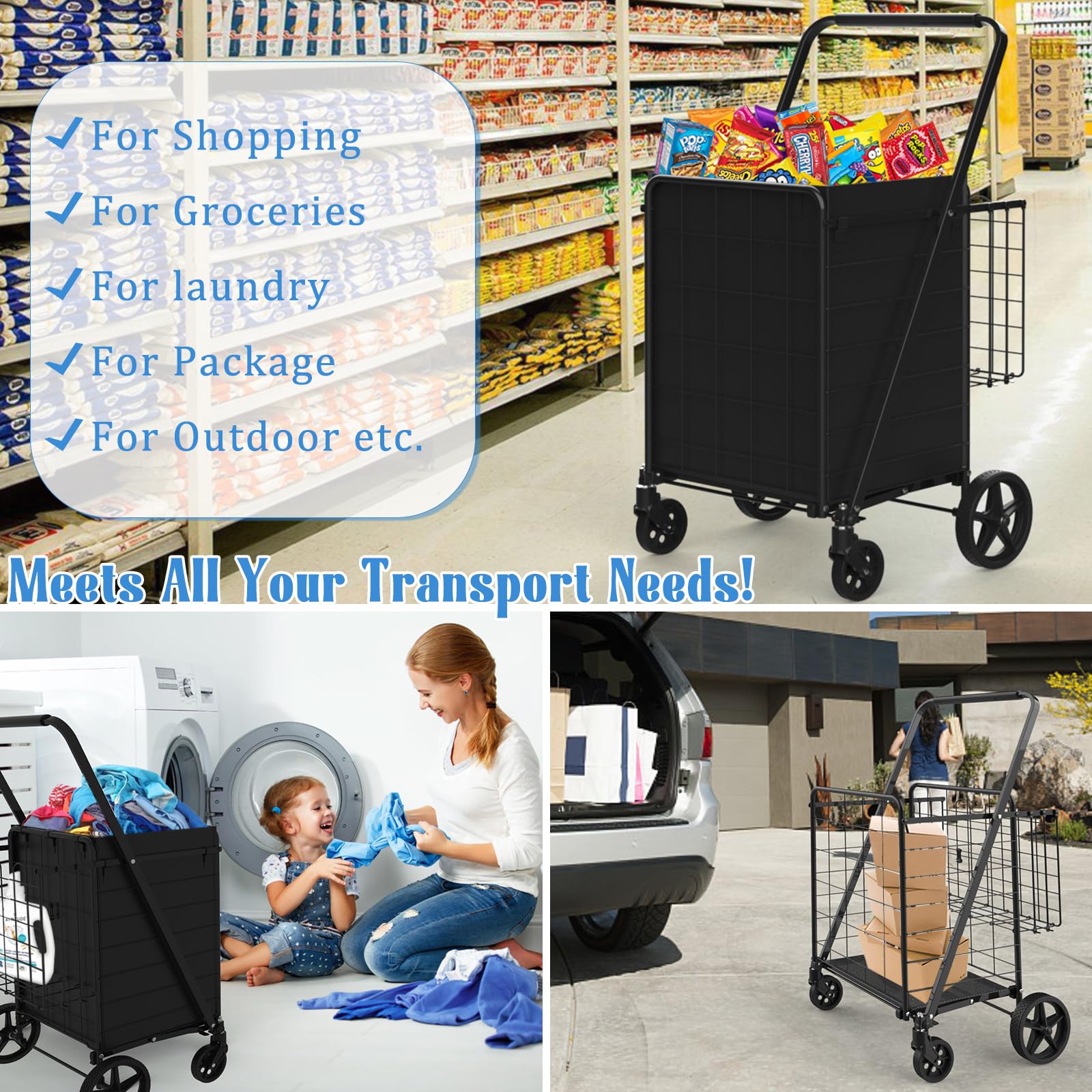 Heavy Duty Folding Shopping Cart with 360° Swivel Wheels & Waterproof Bag - Portable Grocery Trolley for Supermarket, Laundry, Beach - Holds 320 lbs - Ideal for Seniors & Apartment Dwellers