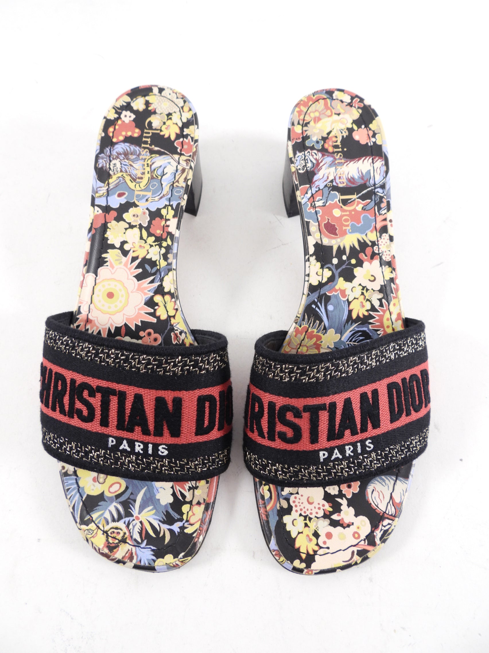 Christian Dior Red Floral Dway Heeled Slides Size 37 - Women's Luxury Designer Sandals for Summer, Parties & Weddings