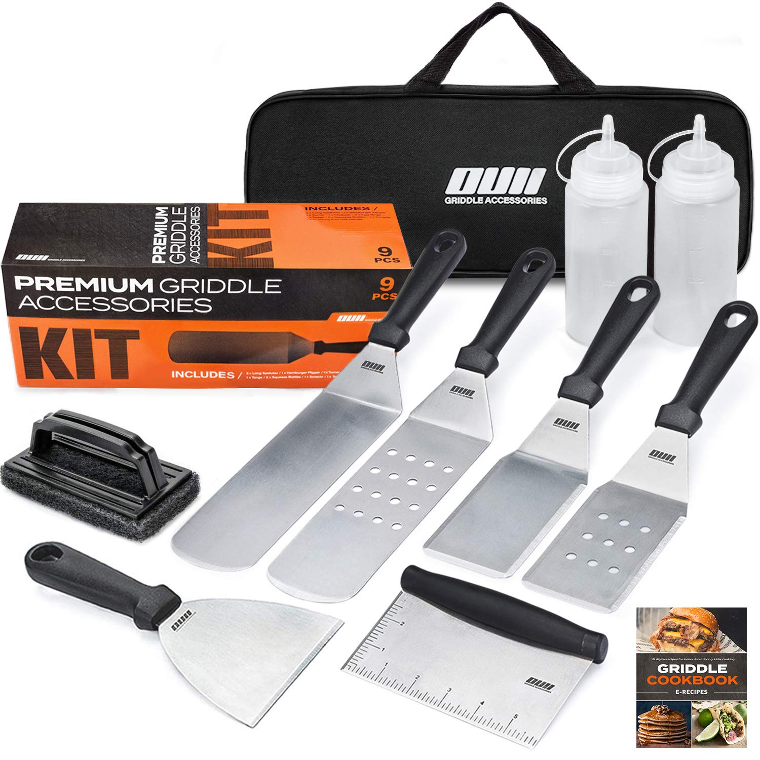 9-Piece Flat Top Griddle Accessories Set for Blackstone & Camp Chef - Includes Metal Spatula, Scraper, Cleaning Kit & Carry Bag - Perfect for Hibachi, Teppanyaki & Outdoor Cooking