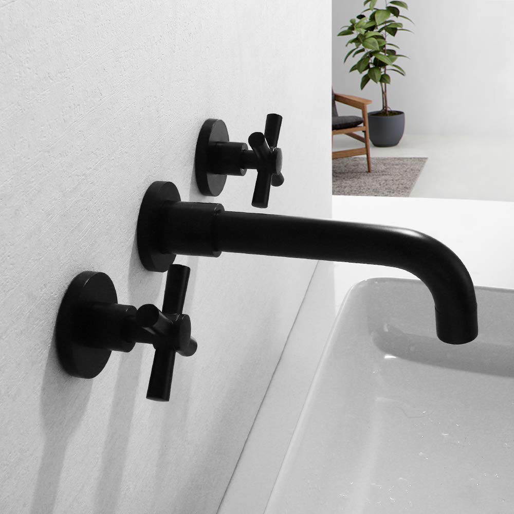 Copper Cross Handle Wall Mount Bathroom Sink Faucet - Matte Black Mixer Tap with Casting Faucet Valve (Model DR-4831B) for Modern Bathroom, Powder Room, and Guest Bath Decor