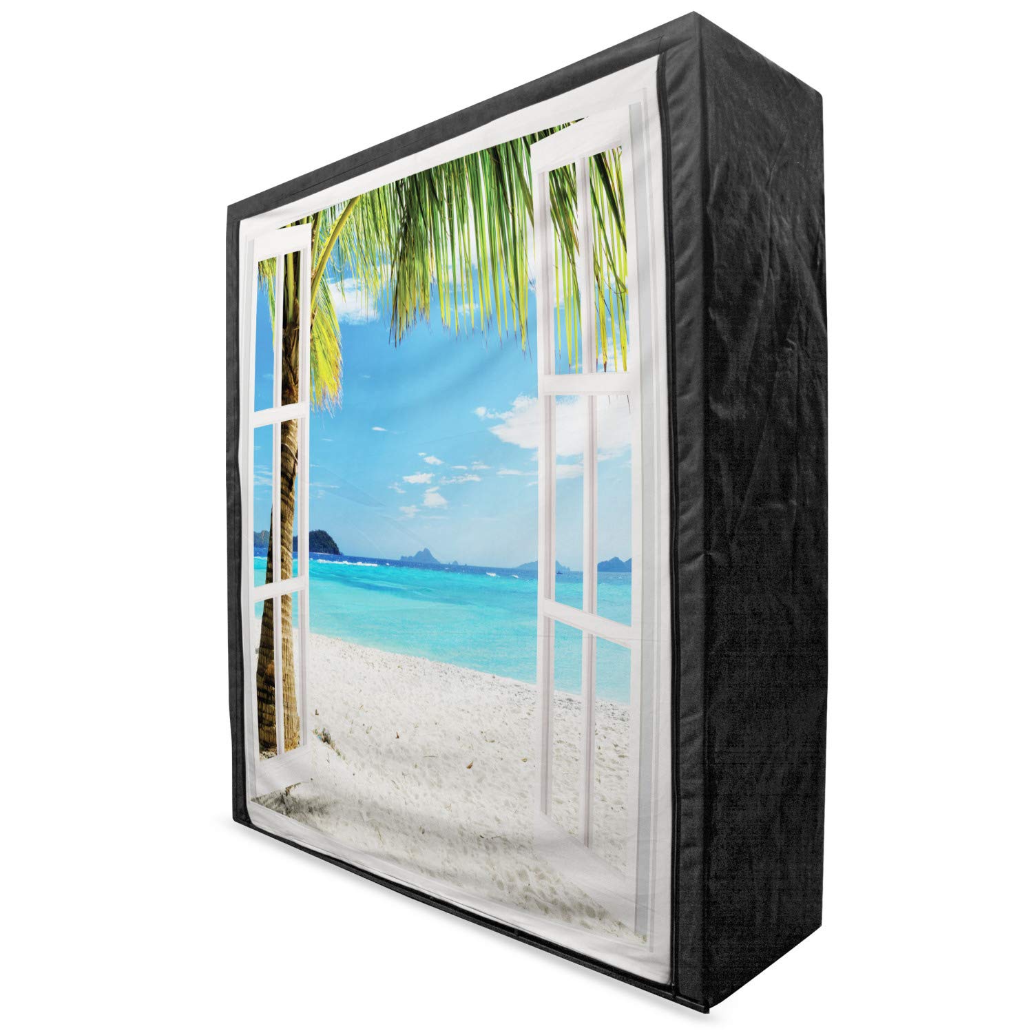 Ambesonne Turquoise Portable Fabric Wardrobe with Shelves - Tropical Palm Tree Island Ocean Beach Design - 59