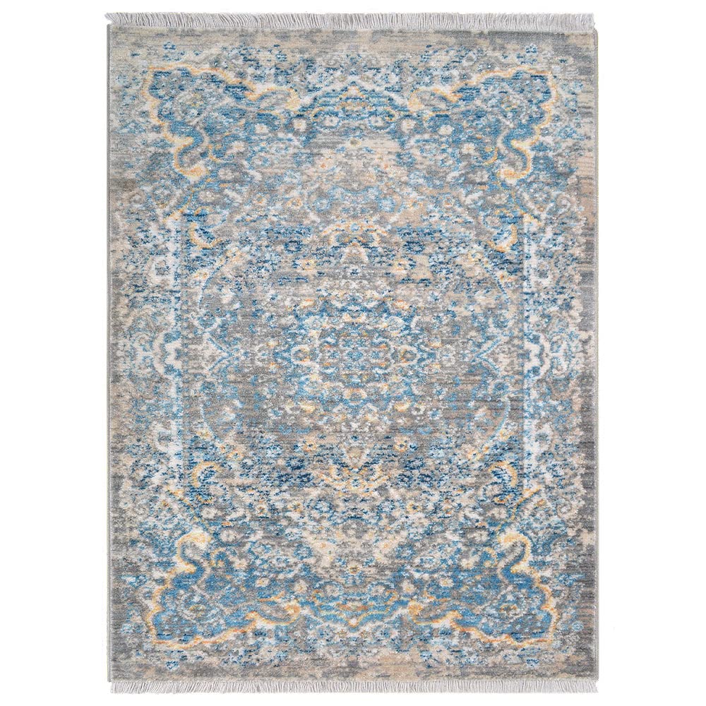 Machine Made Polyester Area Rugs 5'x7'10'' - Gray Blue Oriental Traditional Design Low Pile Carpet for Living Room, Bedroom & Office (M00100)